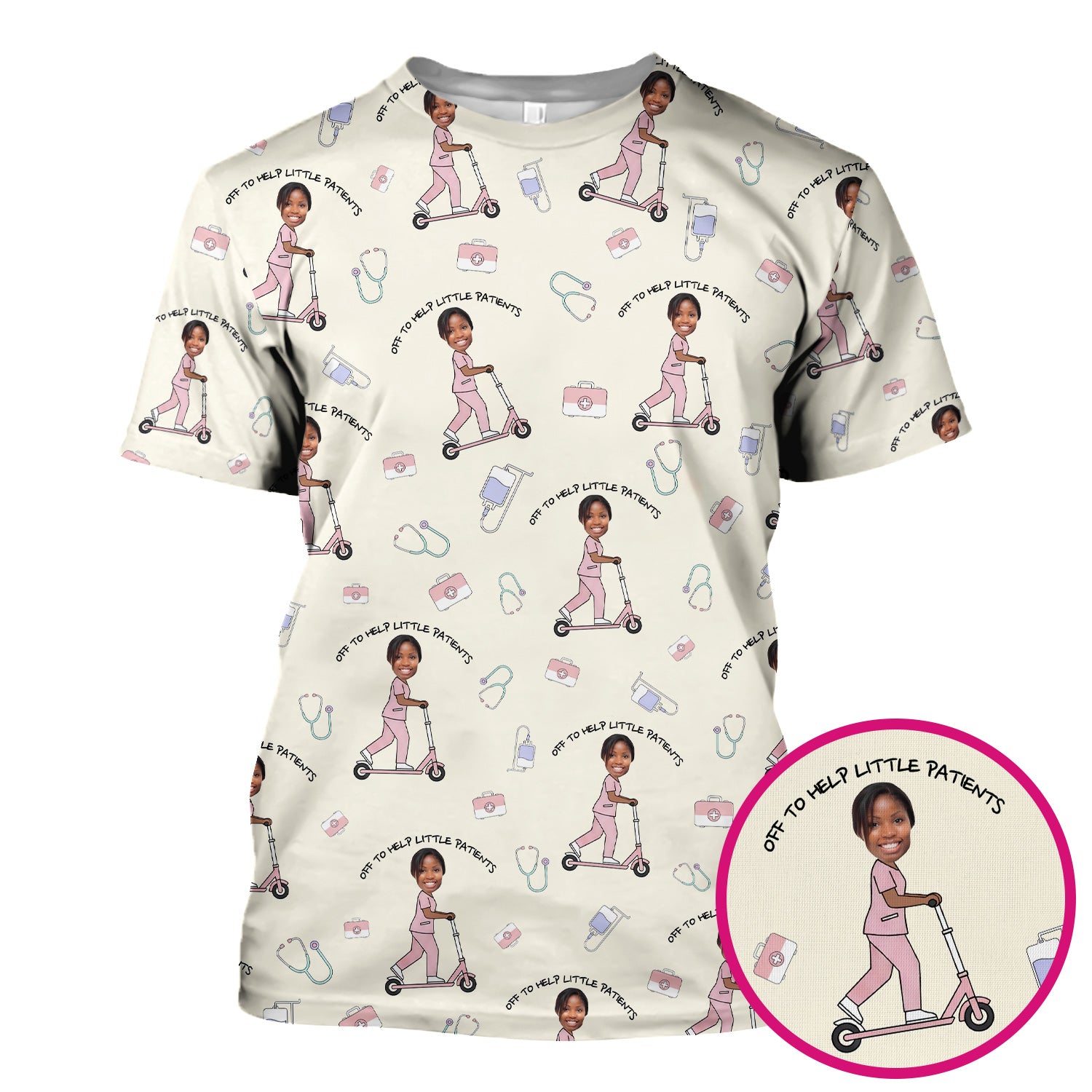 Custom Face Pediatric Nurse Scooter Pattern Scrub Top, Comfortable Scrubs for Nurses