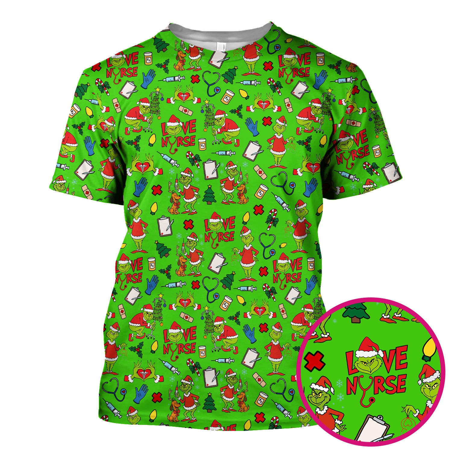 Funny Grinch Love Nurse Scrub Top - Multi Color Christmas Scrub Shirt - Cute Holiday Nursing Workwear with Pockets for Women