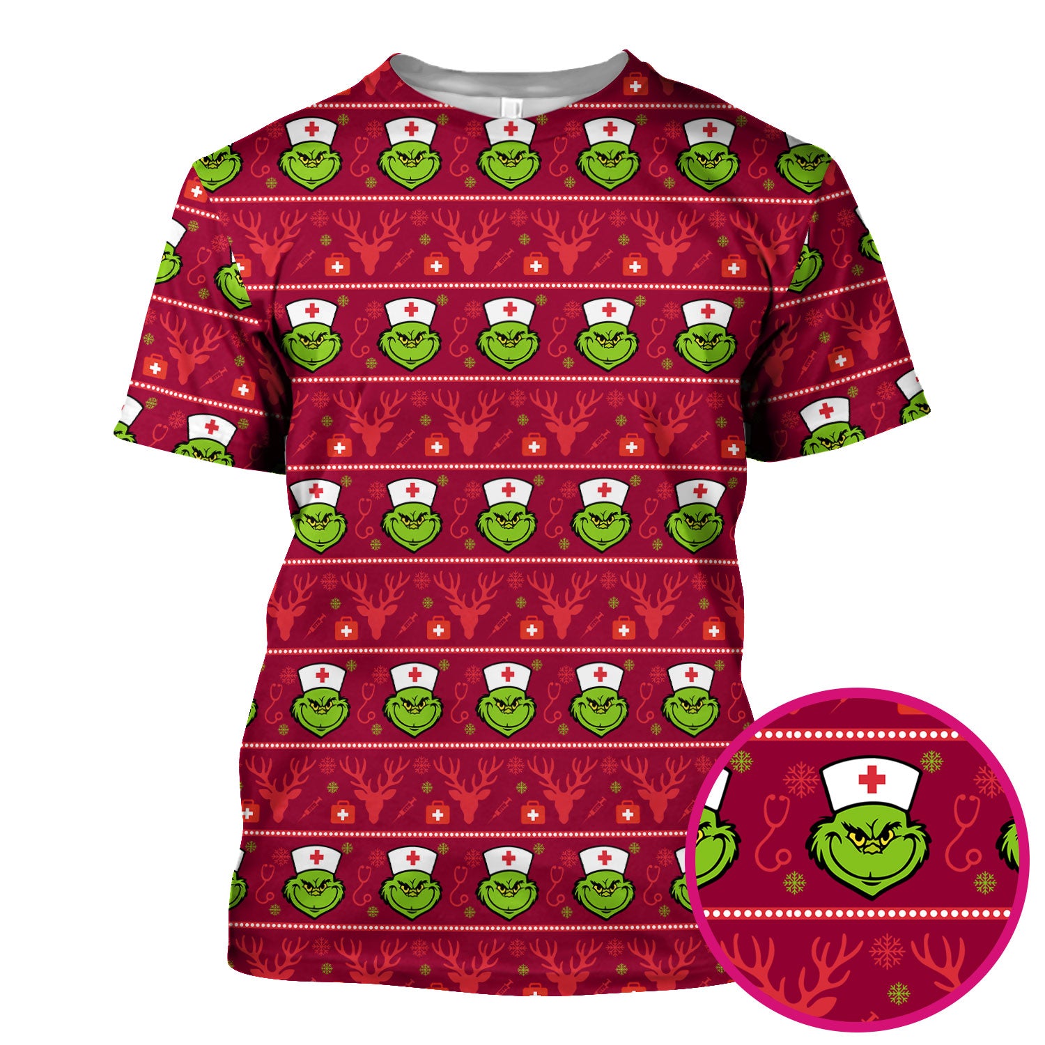 Funny Grinch Nurse Scrubs Top - Ugly Christmas Sweater Style Scrub Shirt - Holiday Nursing Workwear for Women
