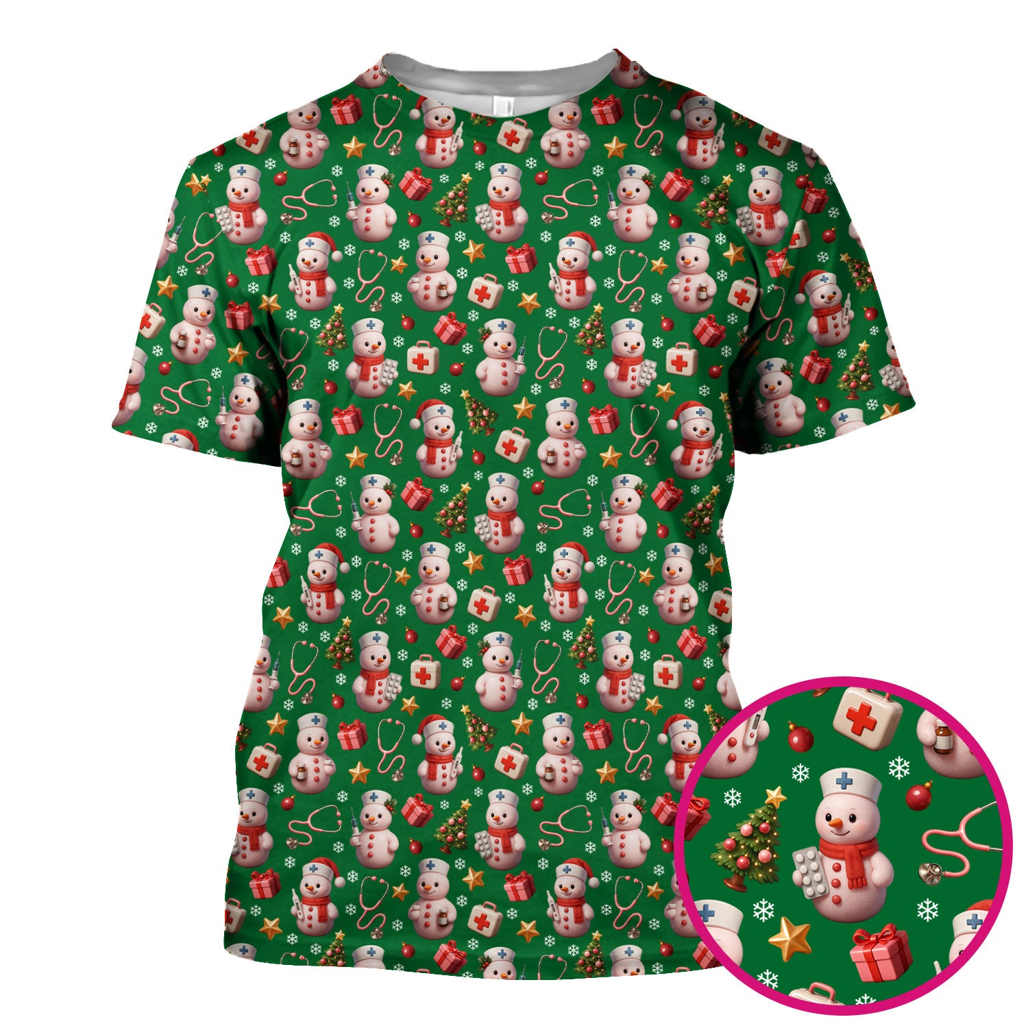 Snowman Pattern Christmas Nurse Scrub Top - Cute Holiday Medical Shirt - Funny Festive Scrubs Gift for RN LPN CNA Nurses