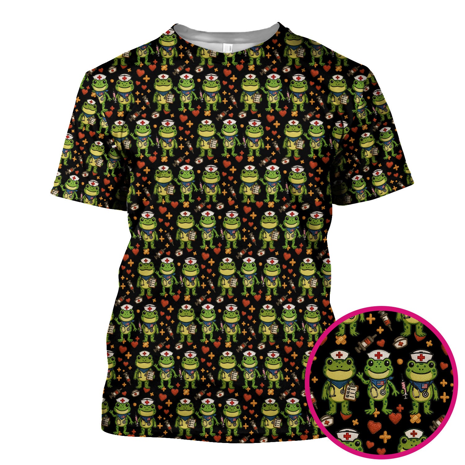 Frog Pattern Scrub Top, Cute Frog Scrub Shirt, Breathable Fabrics Nursing Uniform