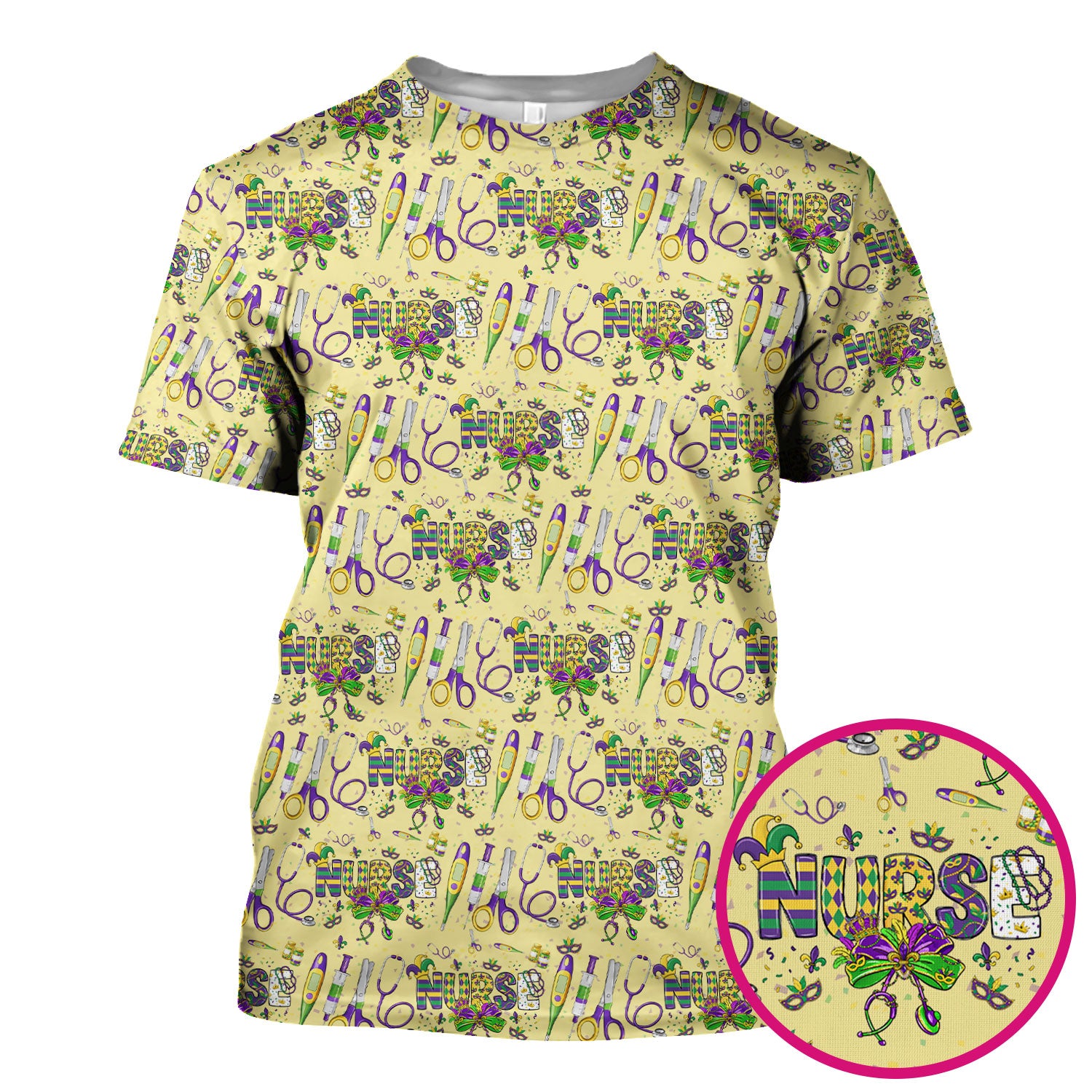 Mardi Gras Nurse Scrub Top, Holiday Medical Pattern Nurse Shirt, Breathable Fabrics Nursing Uniform