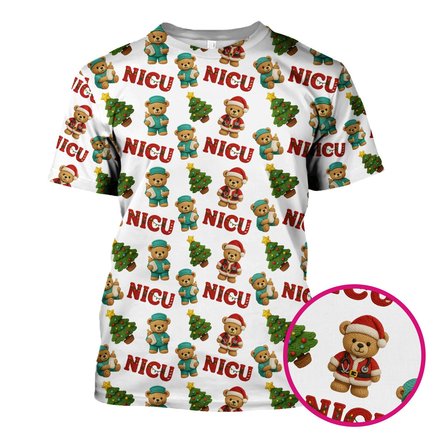 Festive Christmas NICU Nurse Teddy Bear Pattern, Breathable Fabrics Nursing Uniform
