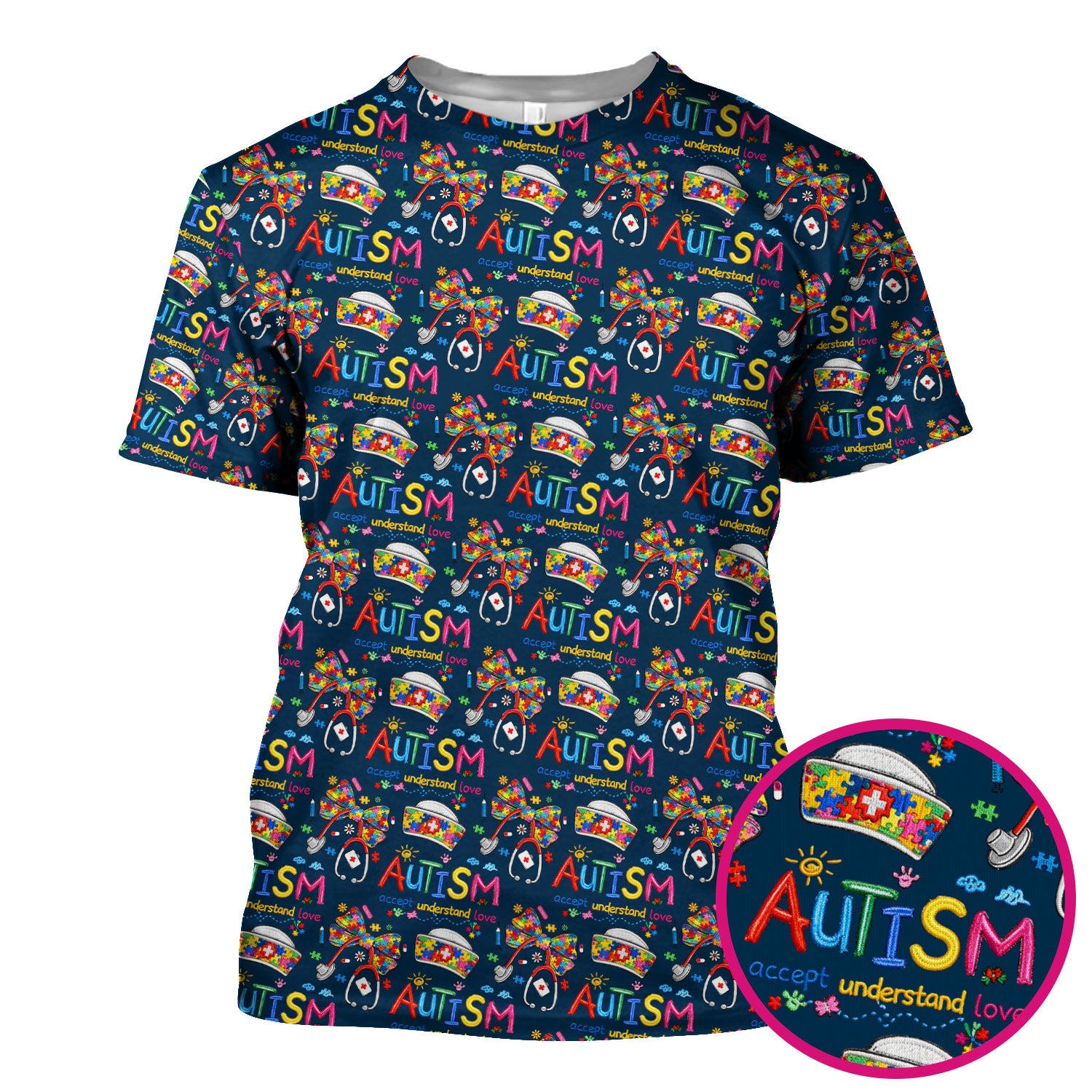 Autism Awareness Pattern Nurse Scrub Top, Accept Understand Love Puzzle Nurses Shirt, Breathable Fabrics Nursing Uniform