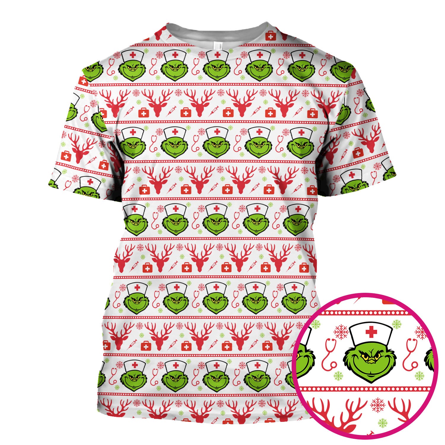 Funny Grinch Nurse Scrubs Top - Ugly Christmas Sweater Style Scrub Shirt - Holiday Nursing Workwear for Women