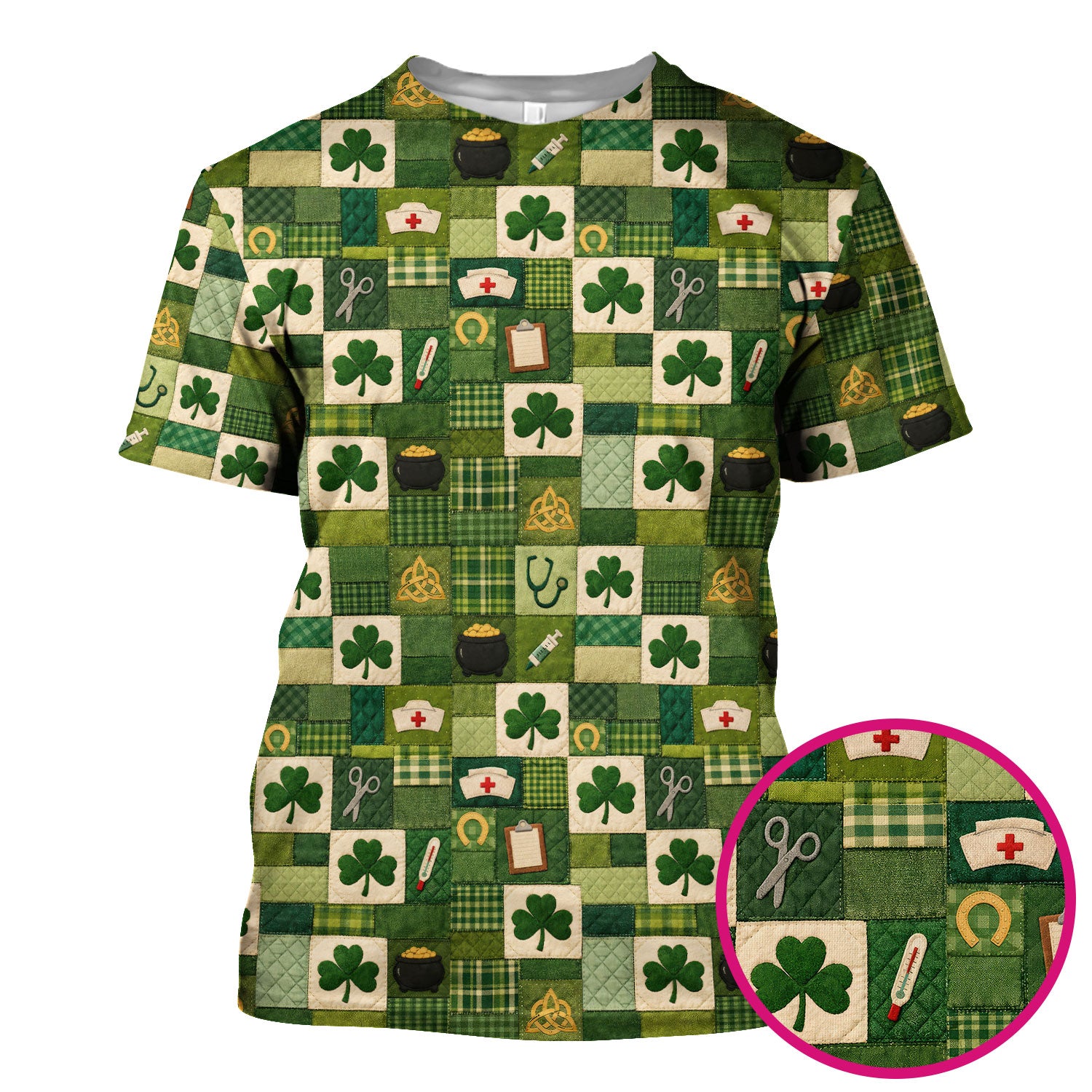 St Patrick Medical Patchwork Shamrock Scrub Top, Comfortable Scrubs for Nurses