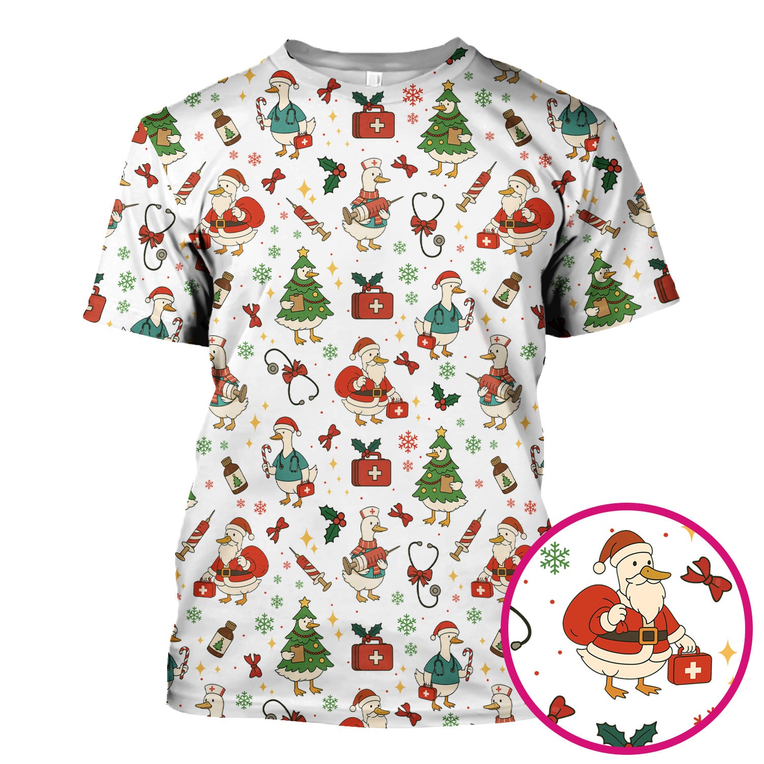 Christmas Duck Nurse Scrub Top for Women - Cute Santa Claus Pattern - Funny Holiday Nursing Shirt Gift for RN LPN CNA
