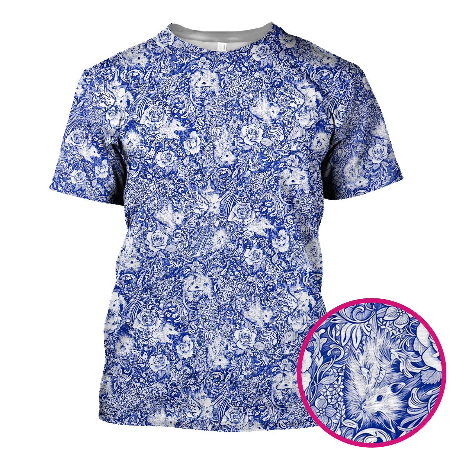 Blue Toile Opossum Floral Pattern Scrub Top, Comfortable Scrubs for Nurses