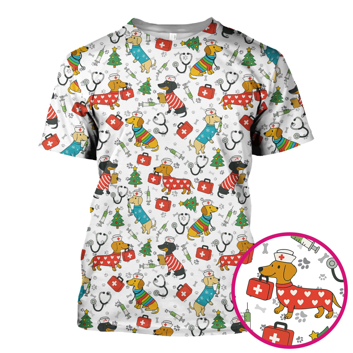 Funny Dachshund Scrub Shirt - Christmas Dog Print Scrubs Multi Color - Holiday Nurse Scrub Top Gift for Women, Men, CNA, RN, Medical Staff
