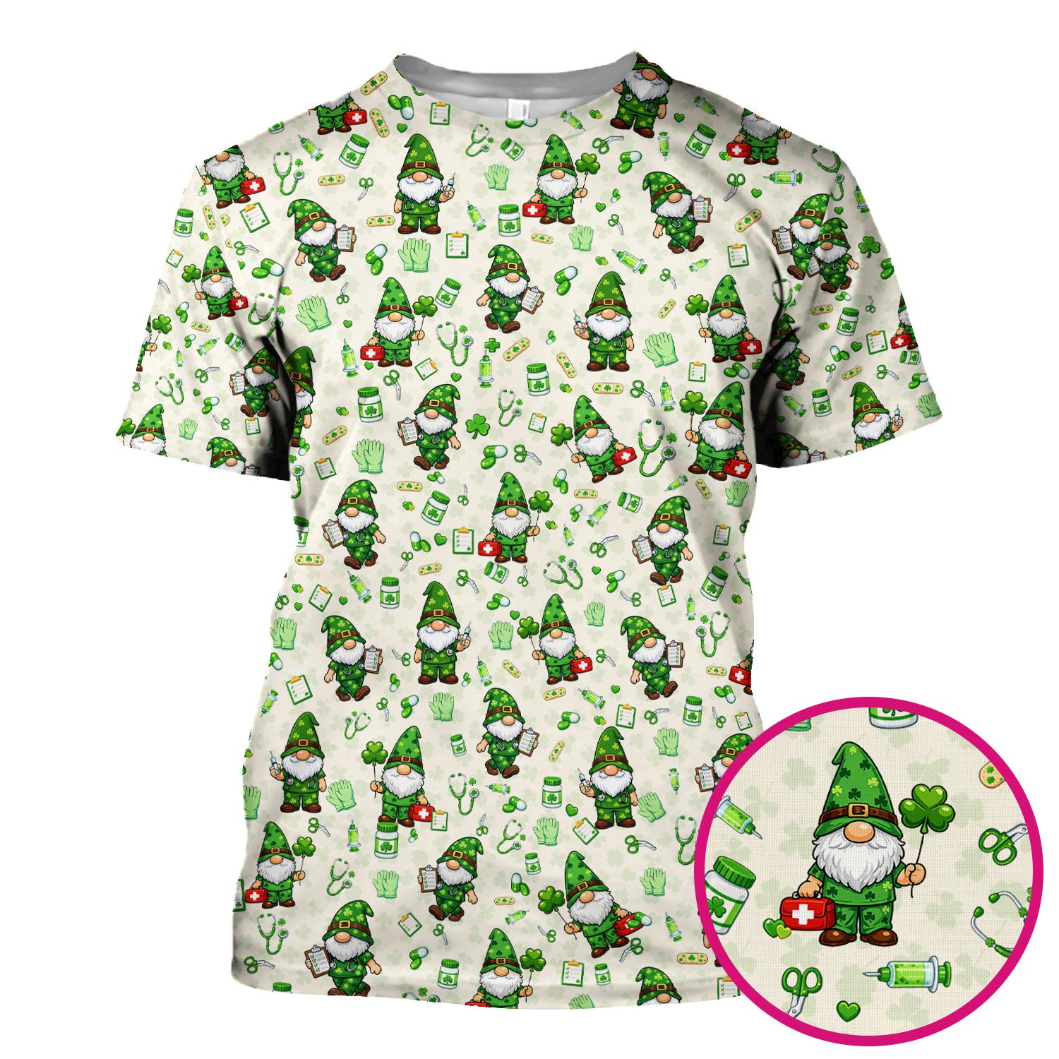 St. Patrick’s Day Nurse Gnome Scrub Top, Green Lucky Medical Pattern Nurse Shirt, Breathable Fabrics Nursing Uniform