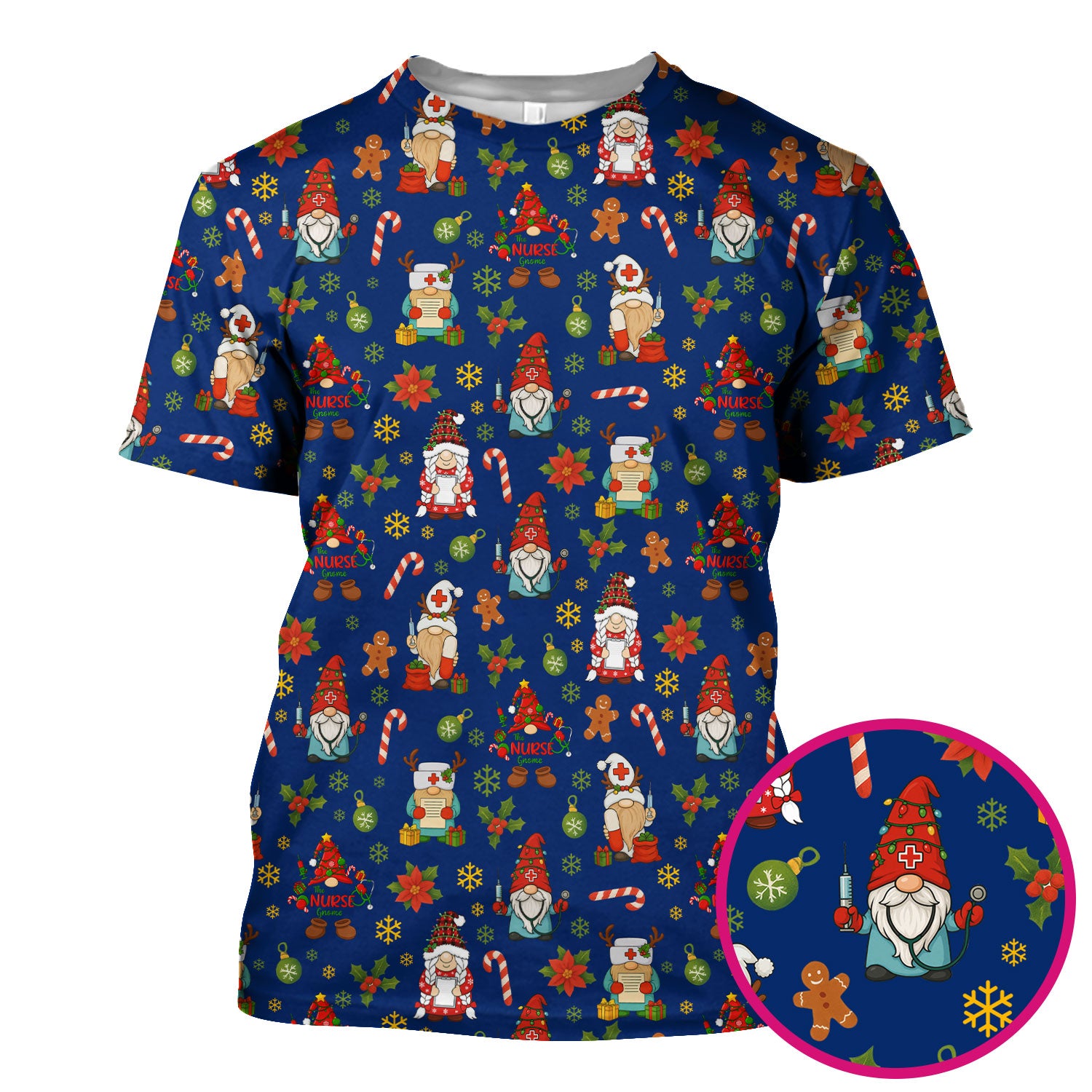 Christmas Gnome Nurse Scrub Top - Cute Holiday Santa Reindeer Print Scrubs - Funny Xmas Medical Scrub Shirt Gift for Women, CNA, RN, Doctor