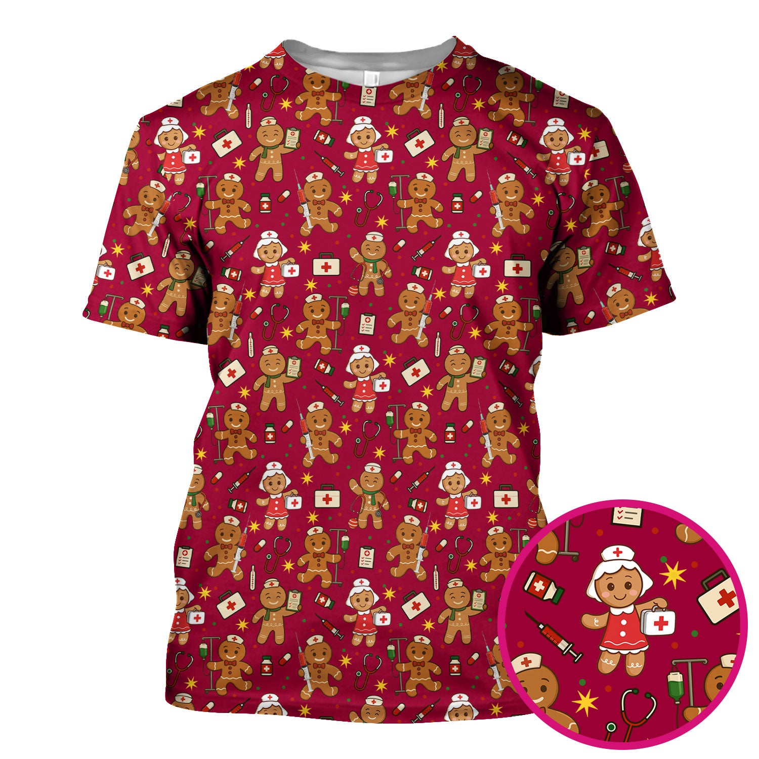Gingerbread Christmas Nurse Scrub Top - Cute Holiday Cookie Pattern Shirt for Women - Funny Festive Nursing Gift for RN LPN CNA