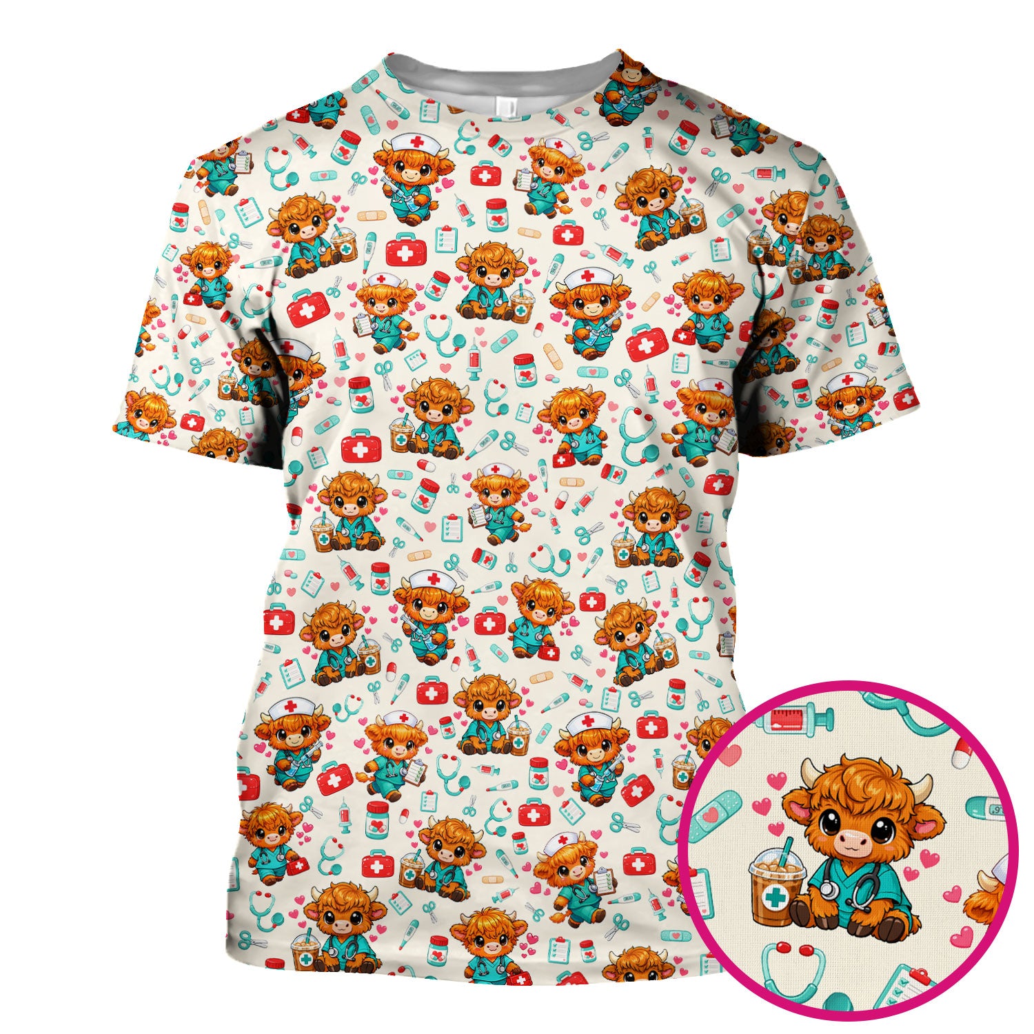 Cute Highland Cow Nurse Scrub Top, Kawaii Medical Pattern Shirt, Breathable Fabrics Nursing Uniform