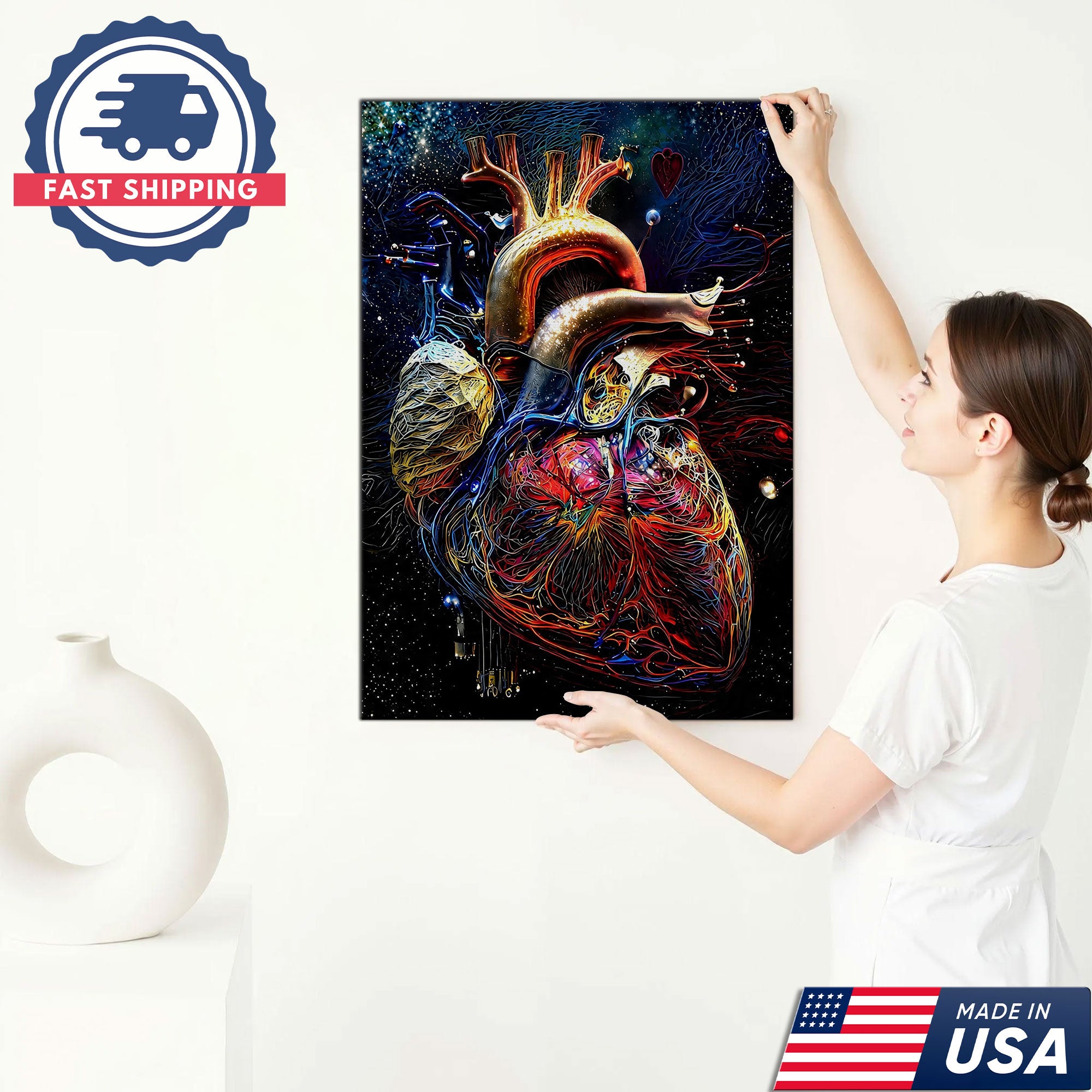 Neon Human Heart Anatomy Canvas Wall Art, Nurse Clinic Decor