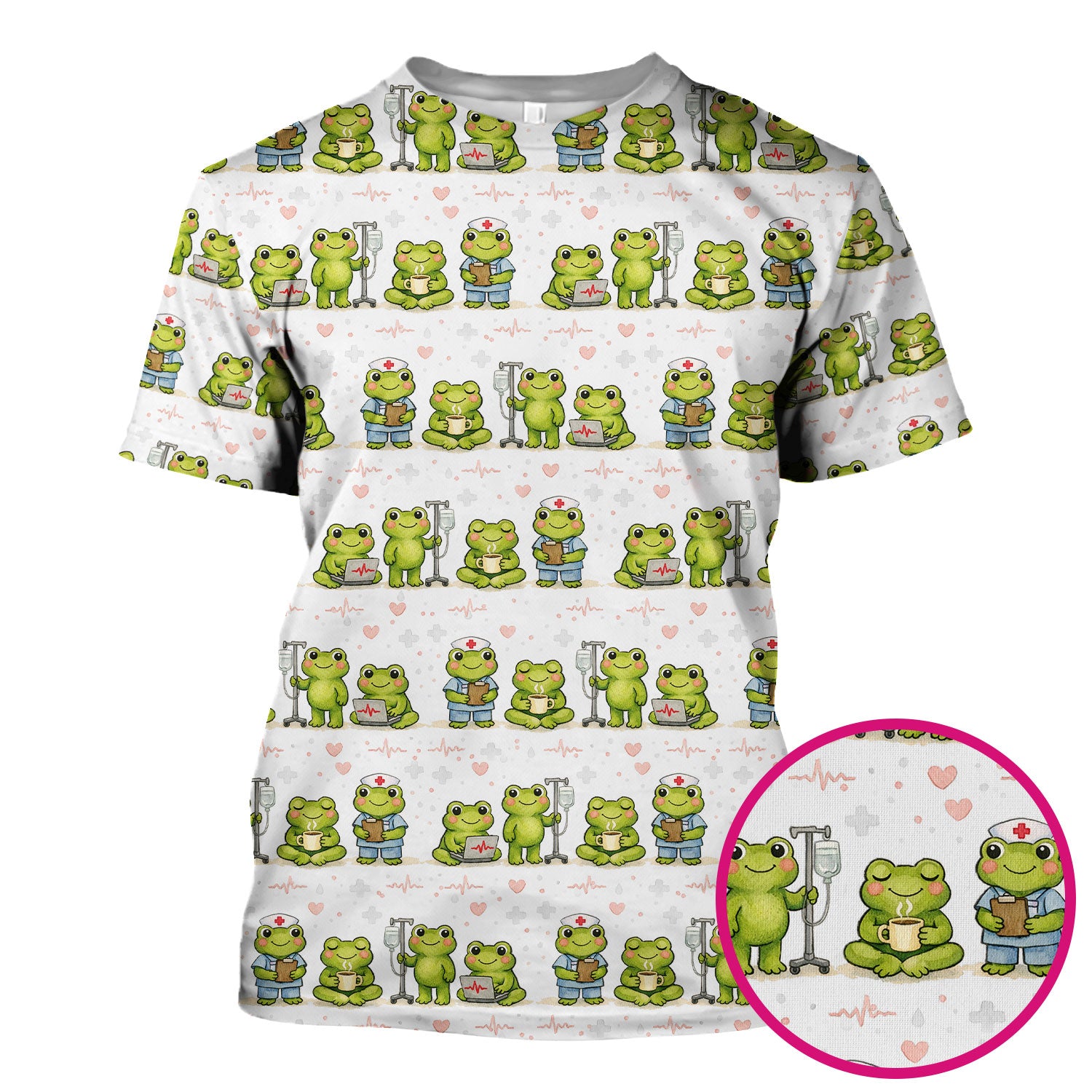 Adorable Frog Nurse Various Poses Print Scrub Top, Comfortable Scrubs for Nurses