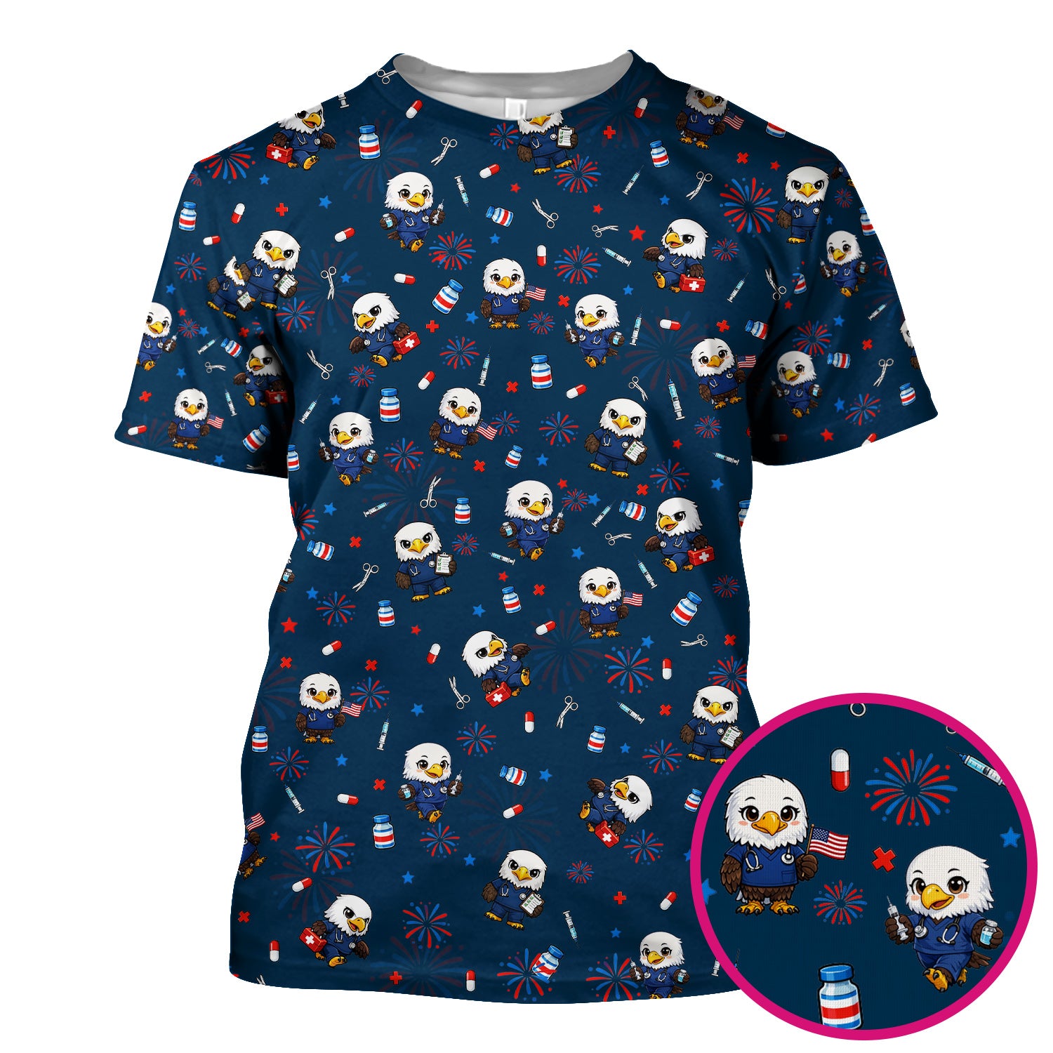 Patriotic Nurse Eagle Fireworks Medical Pattern Scrub Top, Breathable Fabrics Nursing Uniform