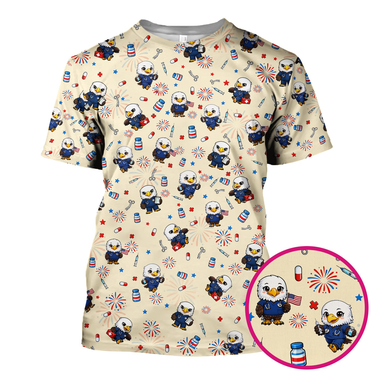 Patriotic Nurse Eagle Fireworks Medical Pattern Scrub Top, Breathable Fabrics Nursing Uniform