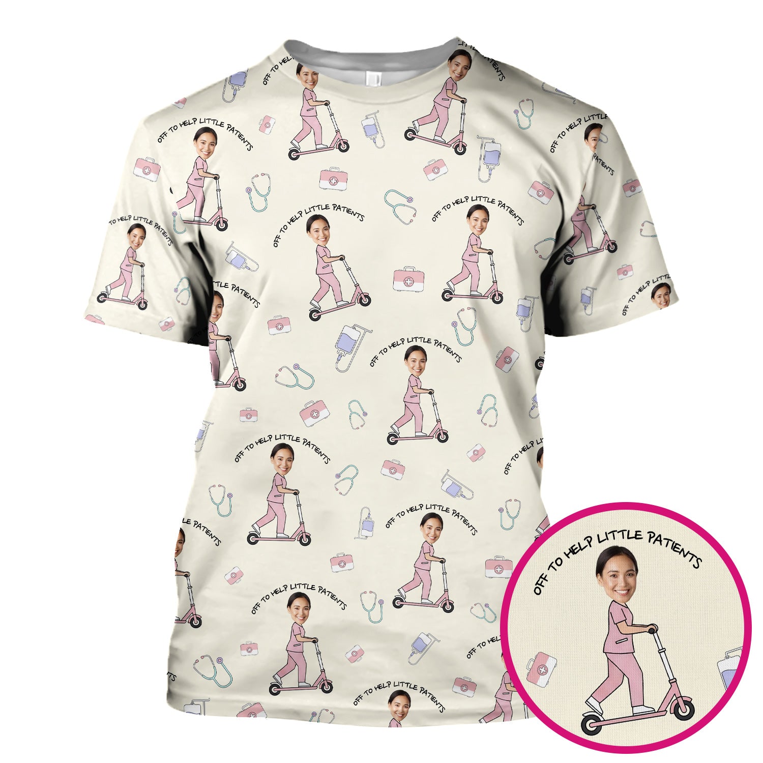 Custom Face Pediatric Nurse Scooter Pattern Scrub Top, Comfortable Scrubs for Nurses