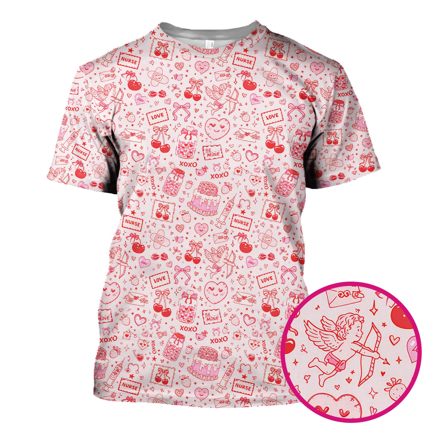 Valentine Pink XOXO Pattern Nurse Scrub Top, Comfortable Uniform Scrubs For Nursing