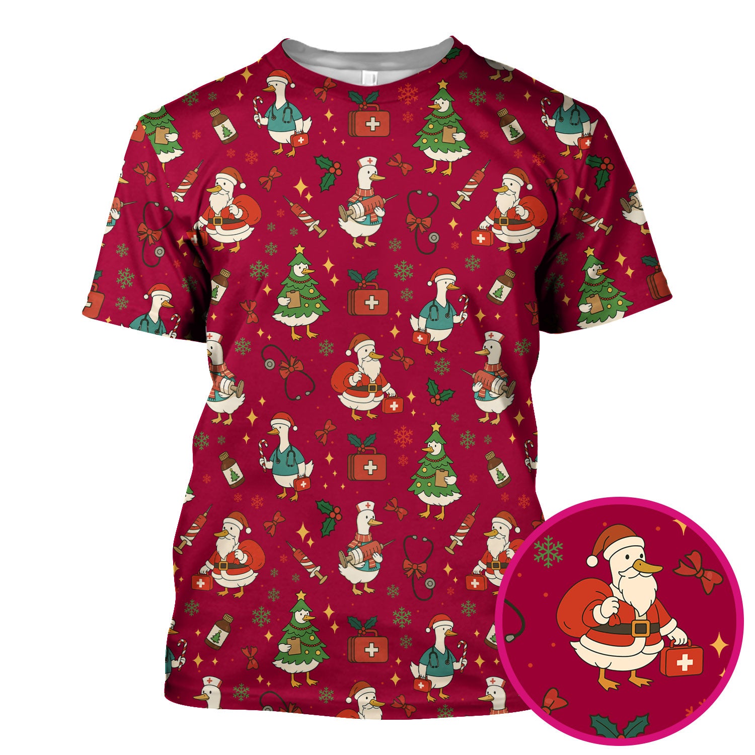 Christmas Duck Nurse Scrub Top for Women - Cute Santa Claus Pattern - Funny Holiday Nursing Shirt Gift for RN LPN CNA