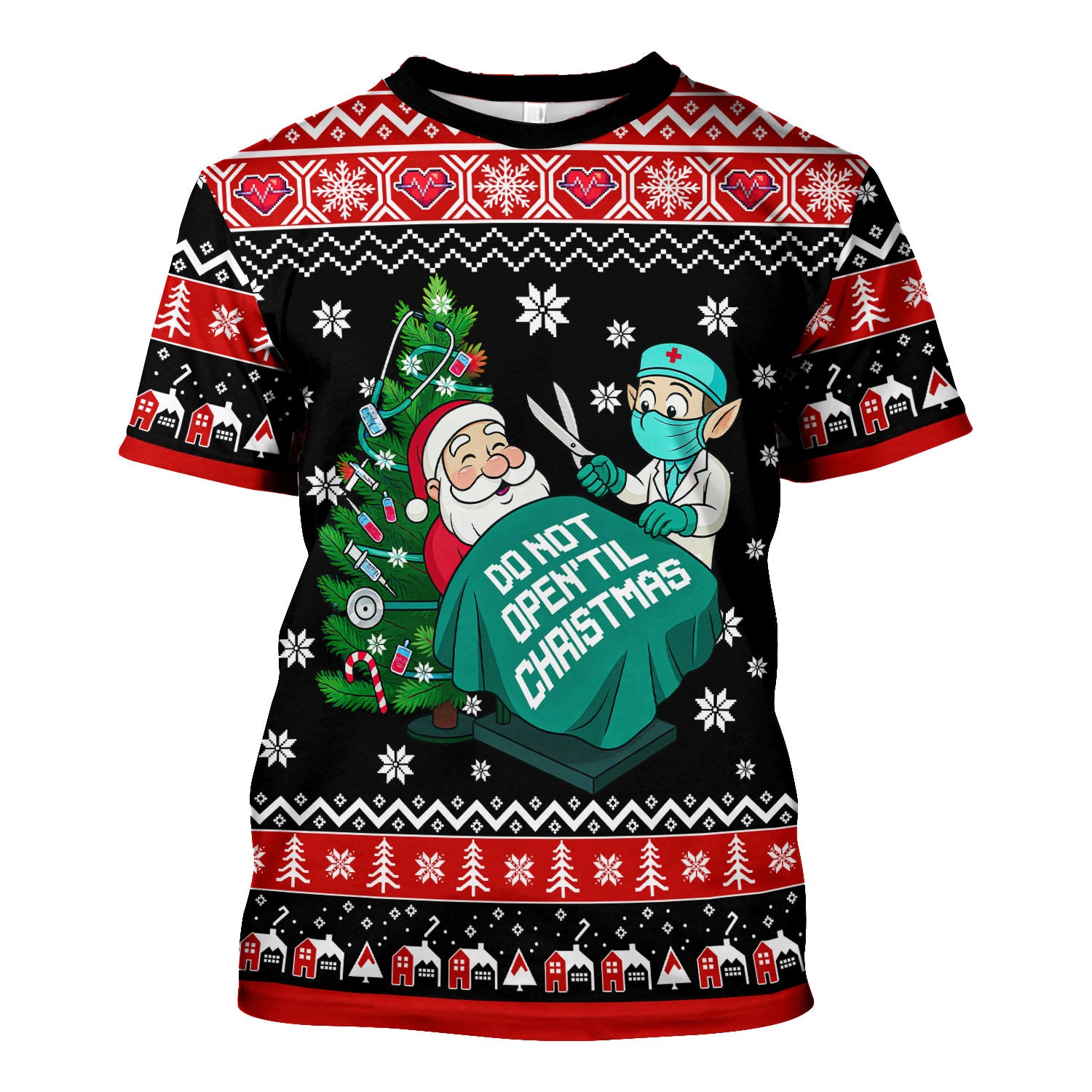 Funny Scrub Top for Women - Do Not Open Til Christmas Santa and Elf - Holiday Medical Uniform Gift for RN LPN CNA