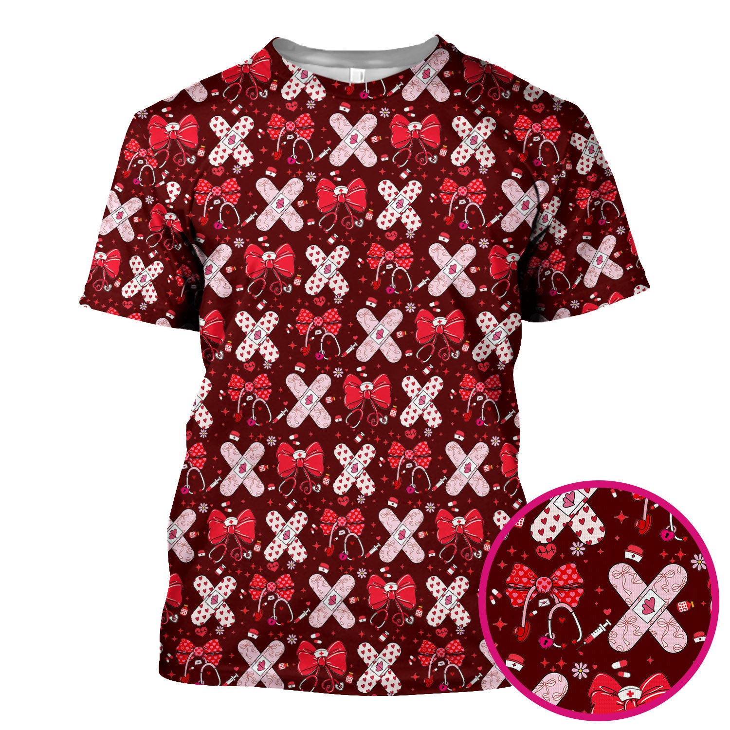 Valentine Nurse Scrub Top, Red Bow And Heart Bandage Pattern Medical Shirt, Breathable Fabrics Nursing Uniform