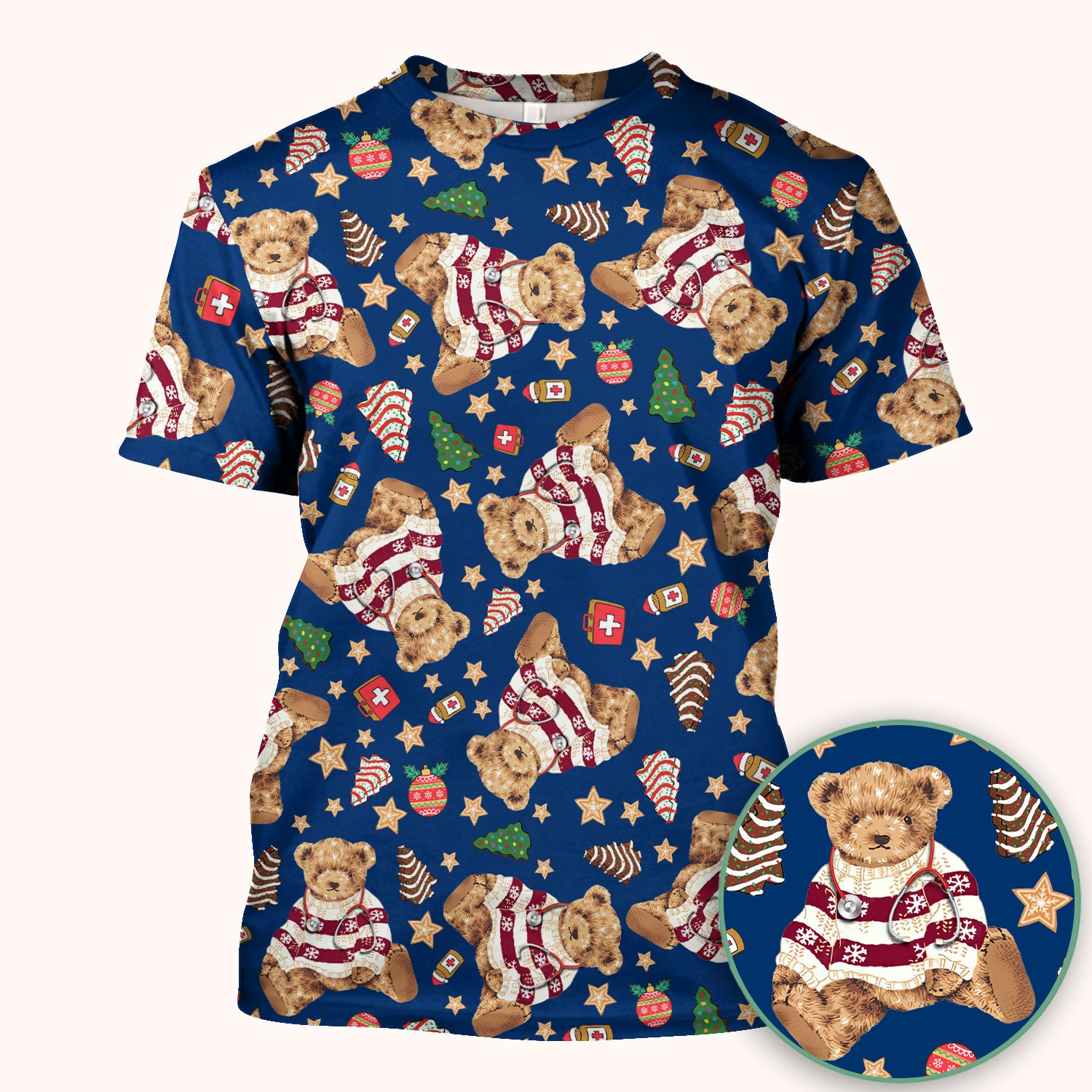 Teddy Bear Christmas Scrub Top - Cute Holiday Medical Pattern with Warm Sweater Bear - Gift for Nurses RN CNA LPN