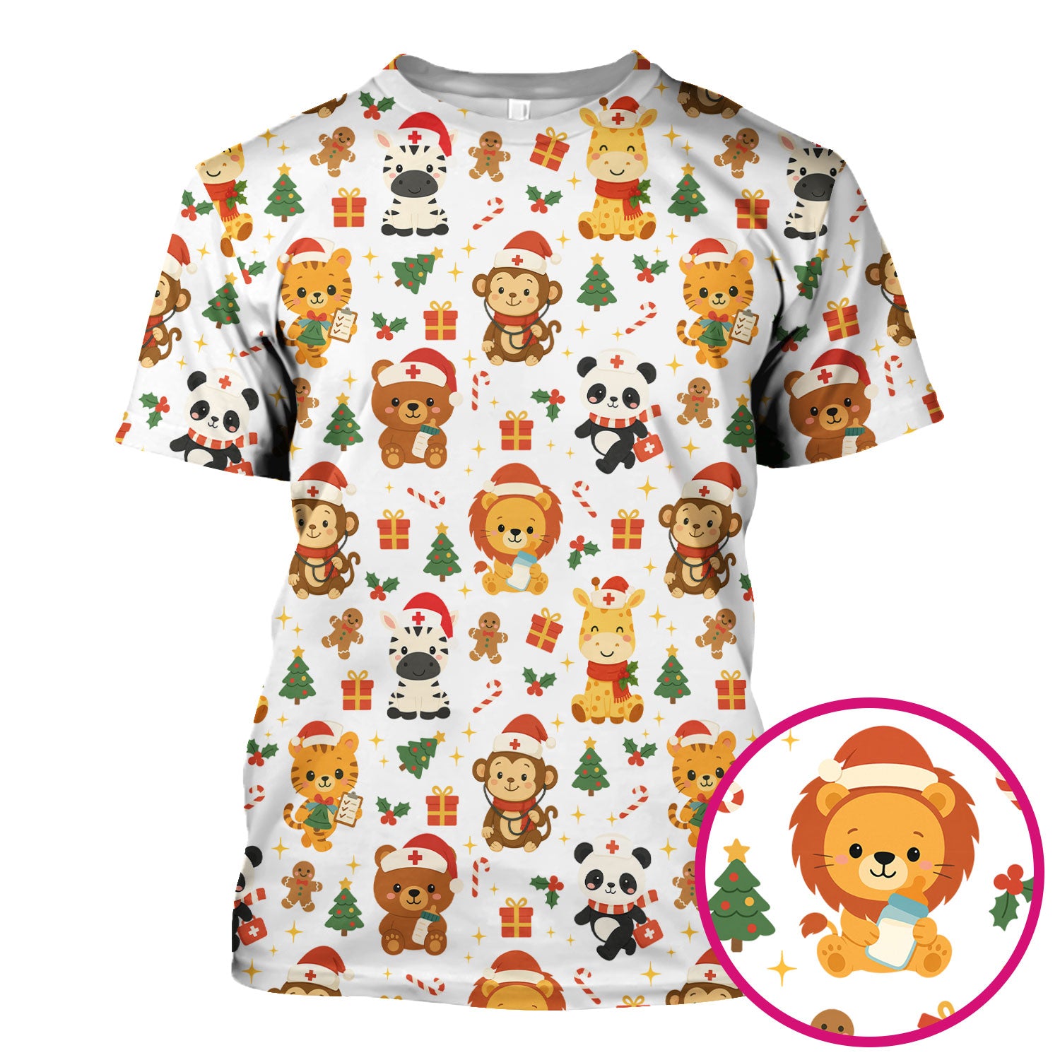 Funny Christmas Nurse Scrub Top - Adorable Safari Animal Pattern - Cute Festive Gift for Women RN LPN CNA
