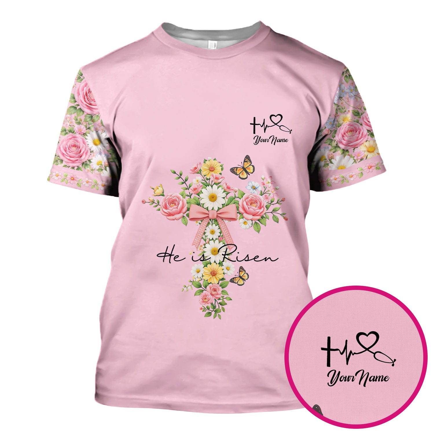 Personalized Meaningful Easter Nurse He Is Risen Floral Cross Bow Pattern Scrub Top, Comfortable Scrubs for Nurses