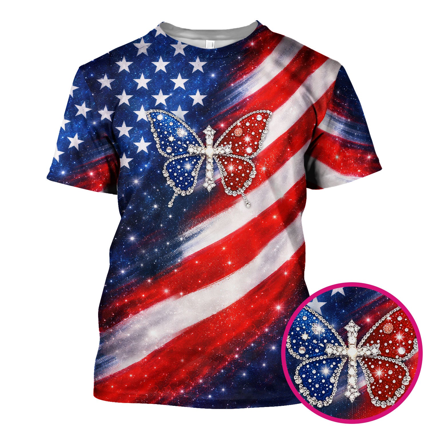 USA Flag Glitter Butterfly Rhinestone Pattern Scrubs Top, Breathable Fabrics Nursing Uniform