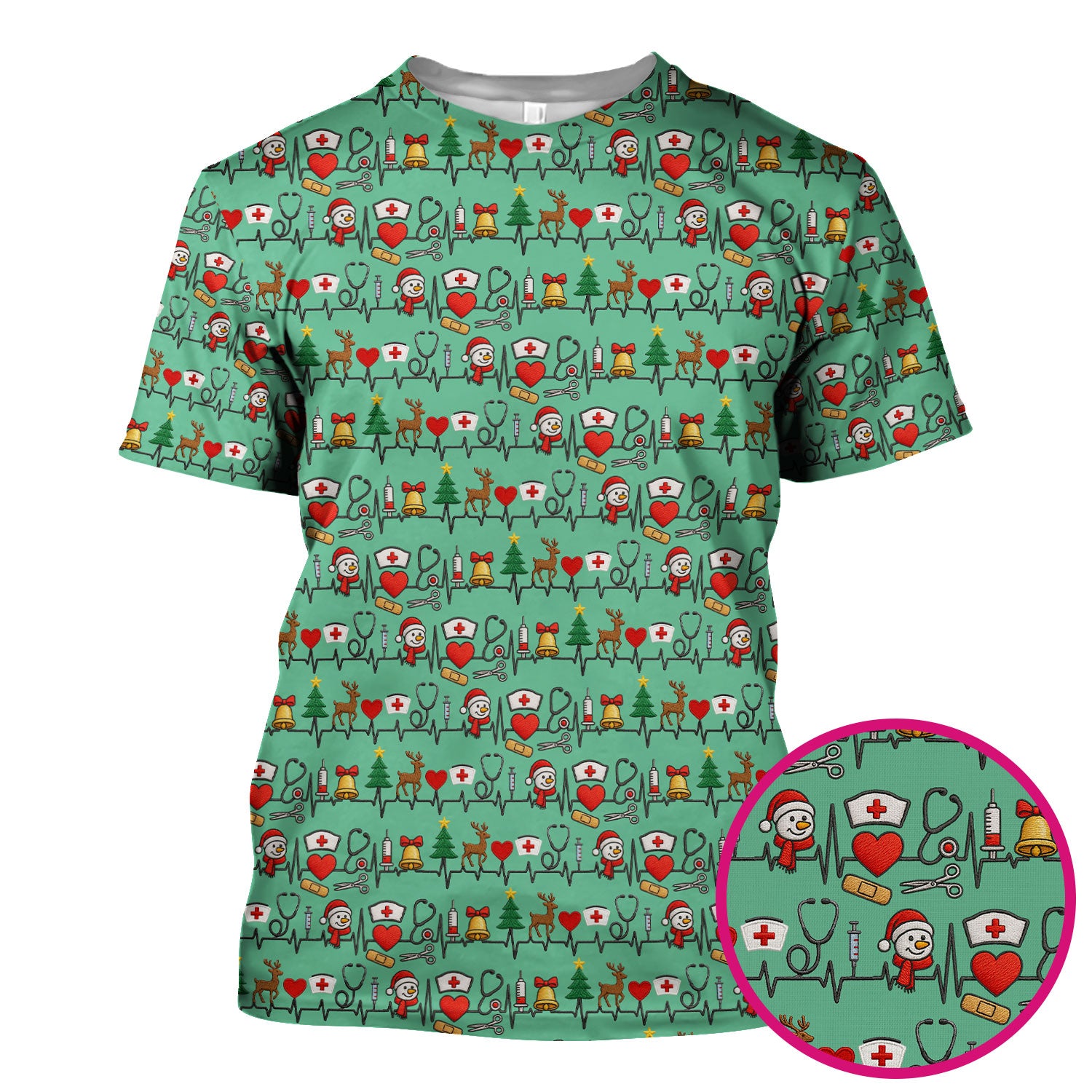 Cute Snowman Nurse Scrub Top, Christmas Holiday Medical Uniform For Nursing, Festive Heartbeat Print Nurse Shirt