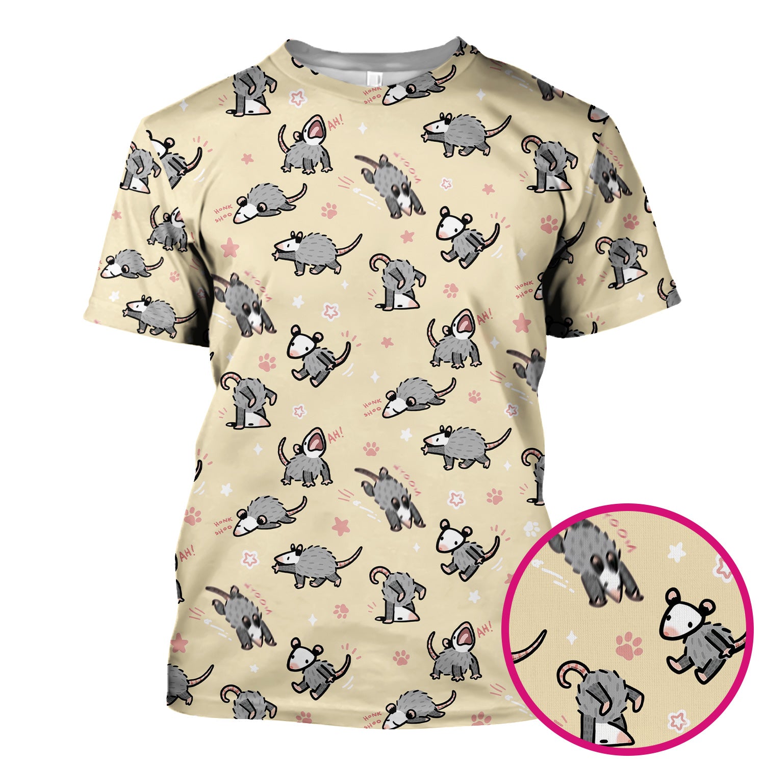 Playful Cartoon Opossum Character Pattern Scrub Top, Breathable Fabrics Nursing Uniform