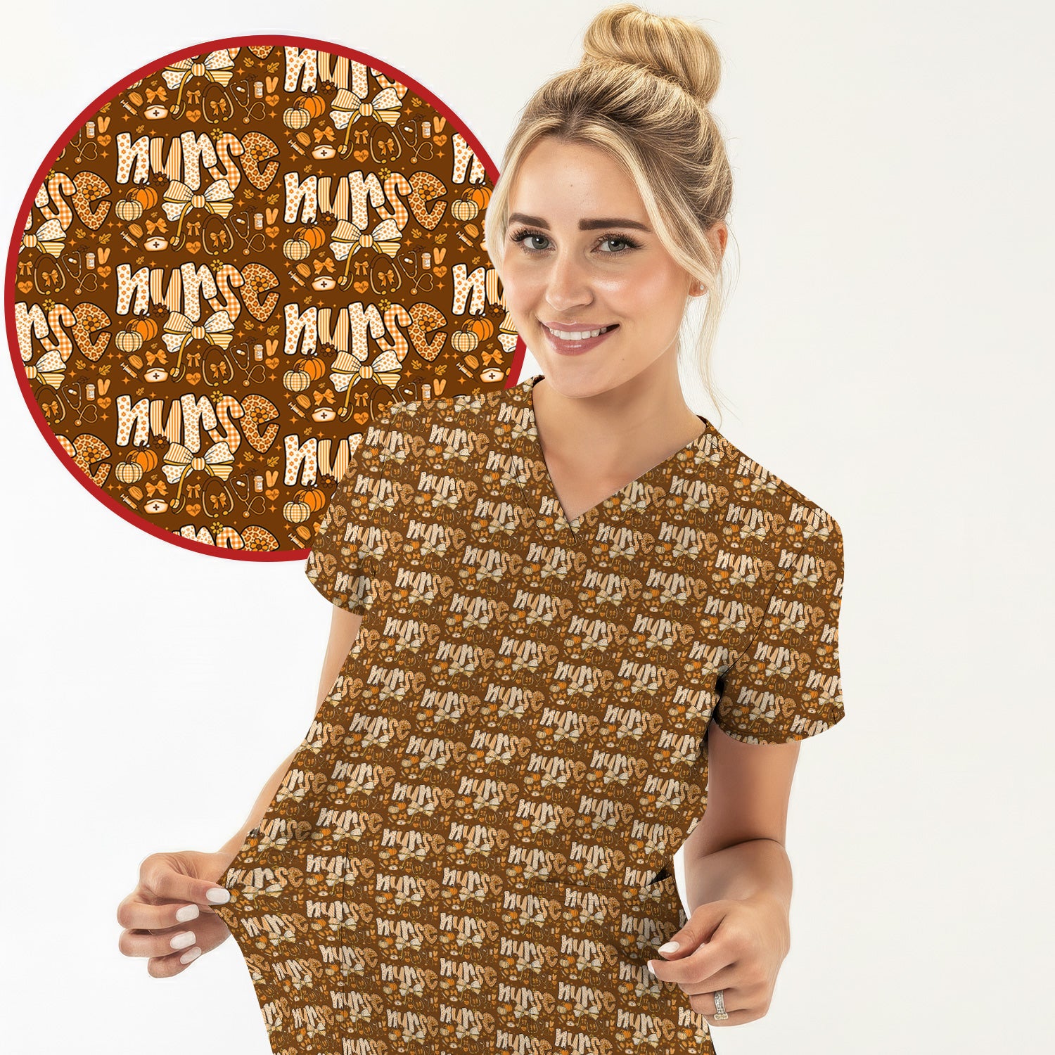 Fall Pumpkin and Bow Nurse Shirt - Autumn Medical Scrubs - Thanksgiving Nurse Gift for RN CNA LPN