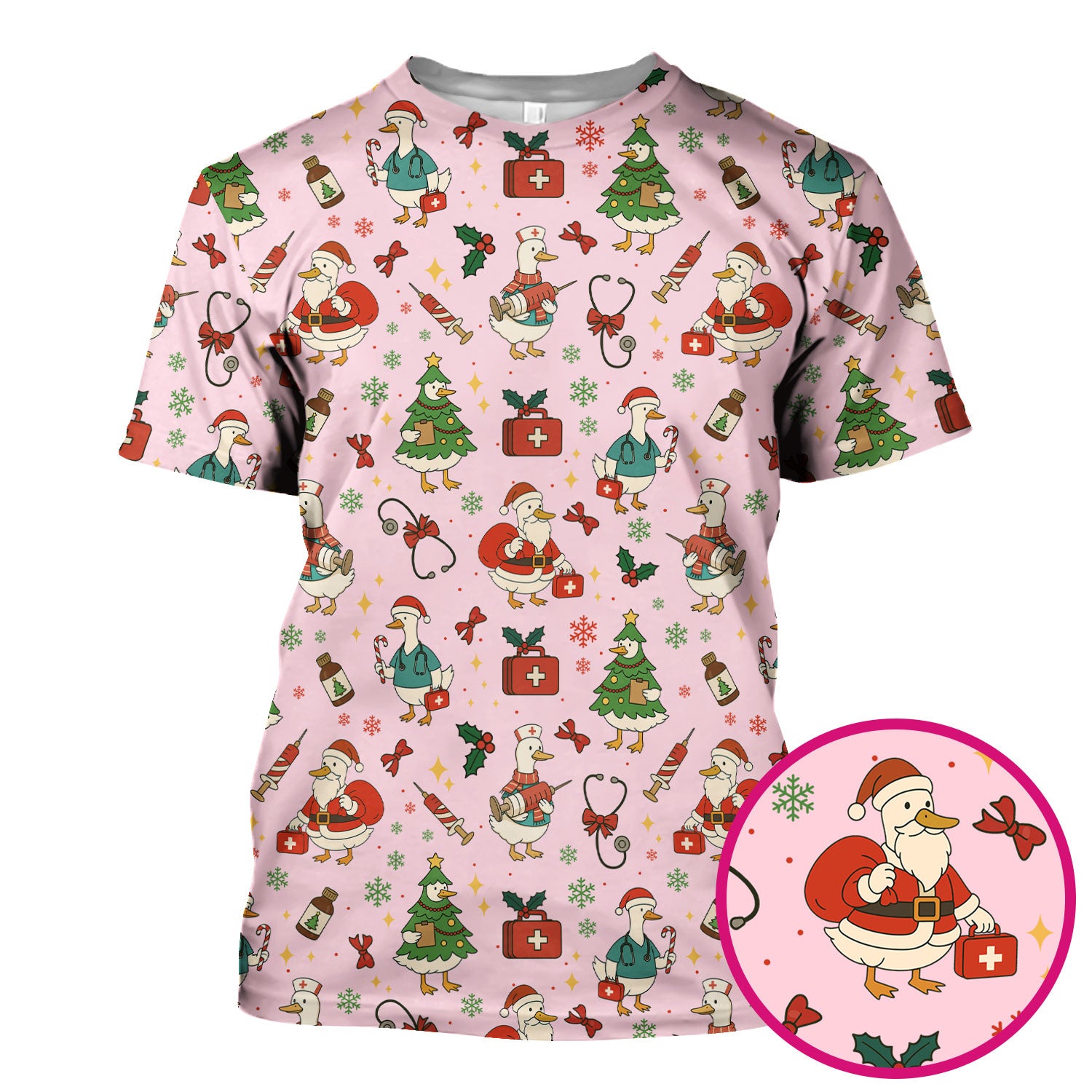 Funny Christmas Duck Nurse Scrub Top - Cute Santa Pattern Holiday Shirt for Women - Festive Nursing Outfit Gift for RN LPN CNA