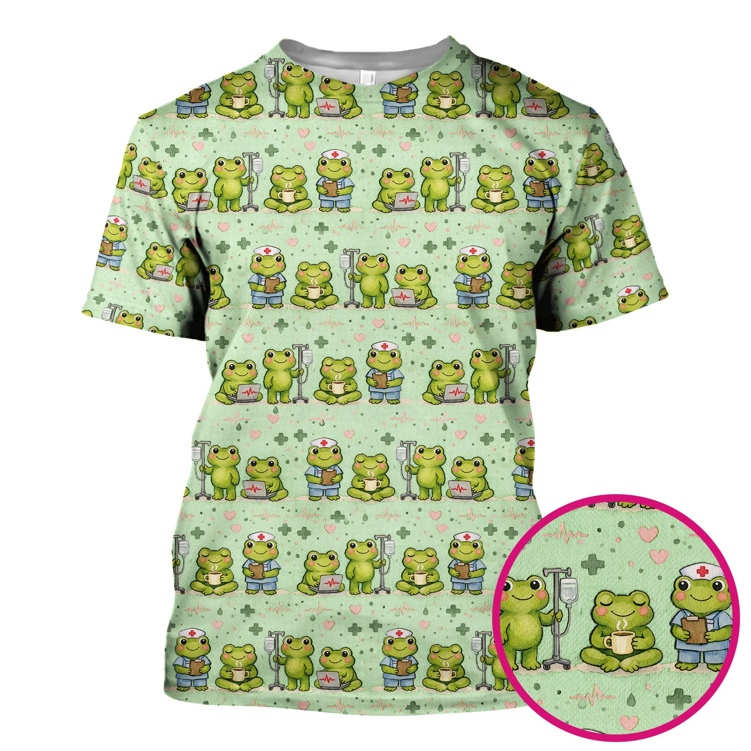 Adorable Frog Nurse Various Poses Print Scrub Top, Comfortable Scrubs for Nurses