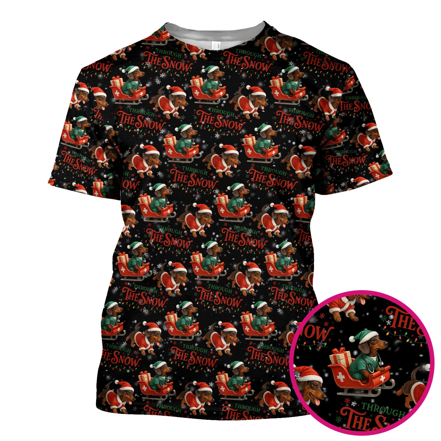 Dachshund Christmas Scrub Top, Cute Dog Nurse Scrub Shirt, Through The Snow Pattern Nursing Uniform