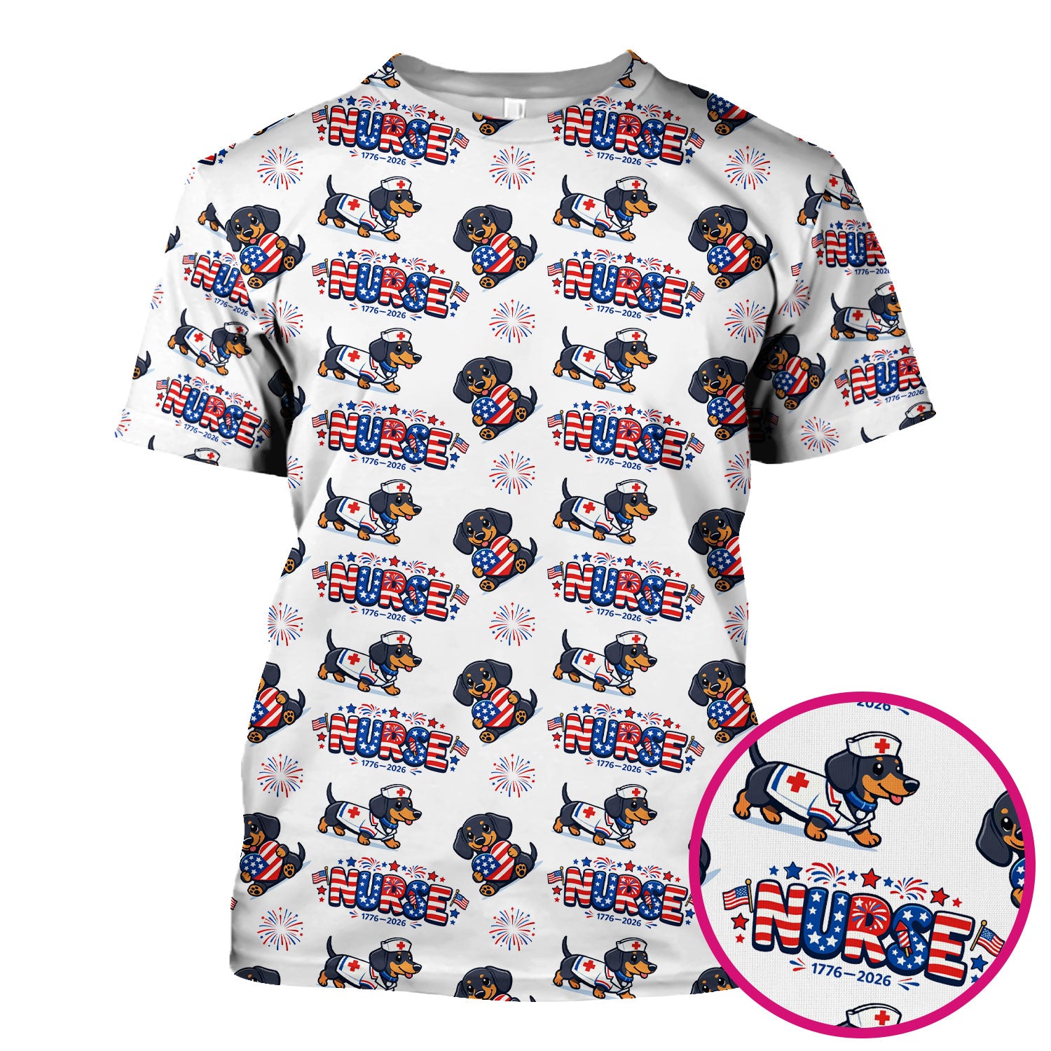 Proud Nurse Patriotic Dachshund Medical Firework Pattern Scrub Top, Comfortable Scrubs for Nurses
