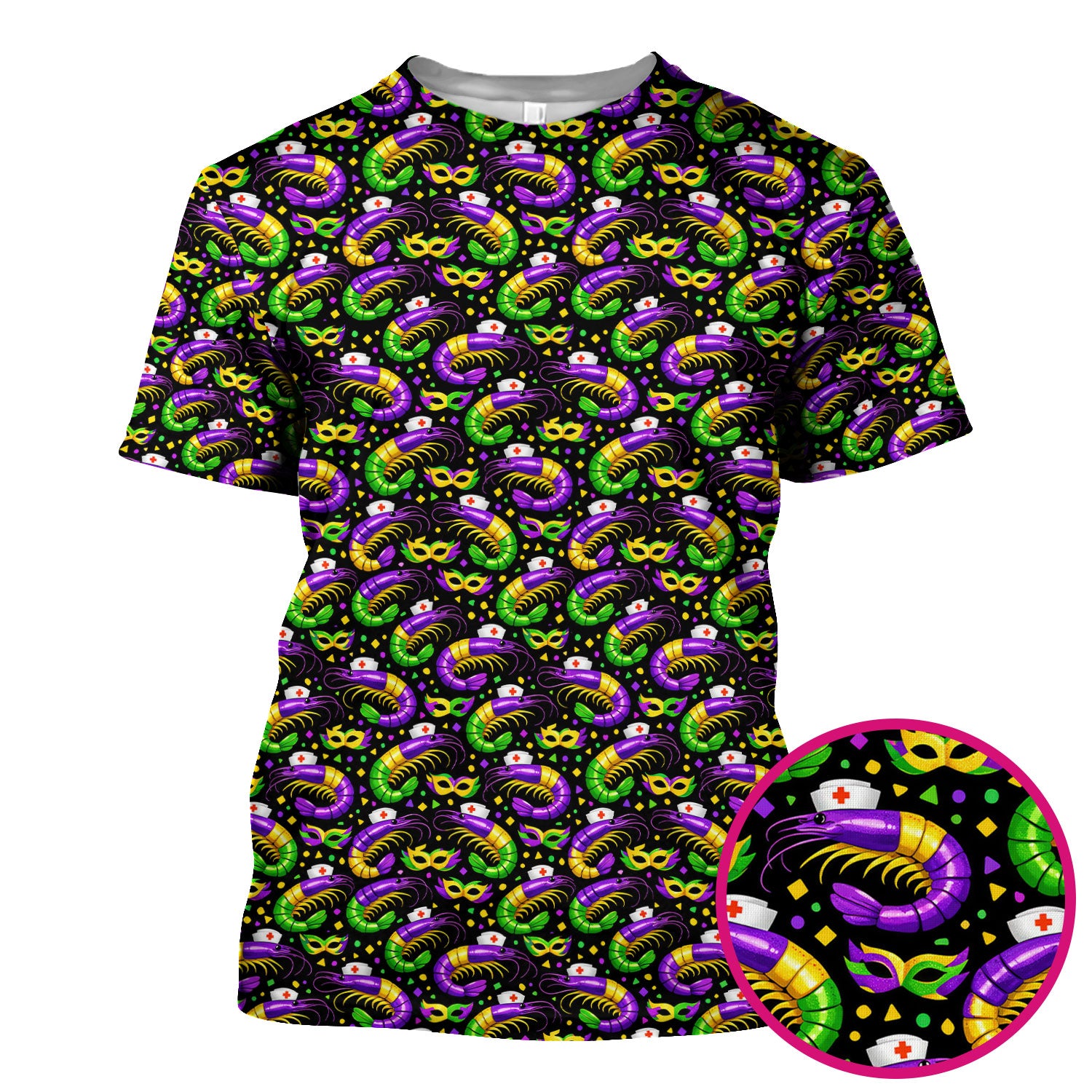 Mardi Gras Pattern Scrub Top, Crawfish Carnival Medical Nurse Scrub Shirt, Breathable Fabrics Nursing Uniform