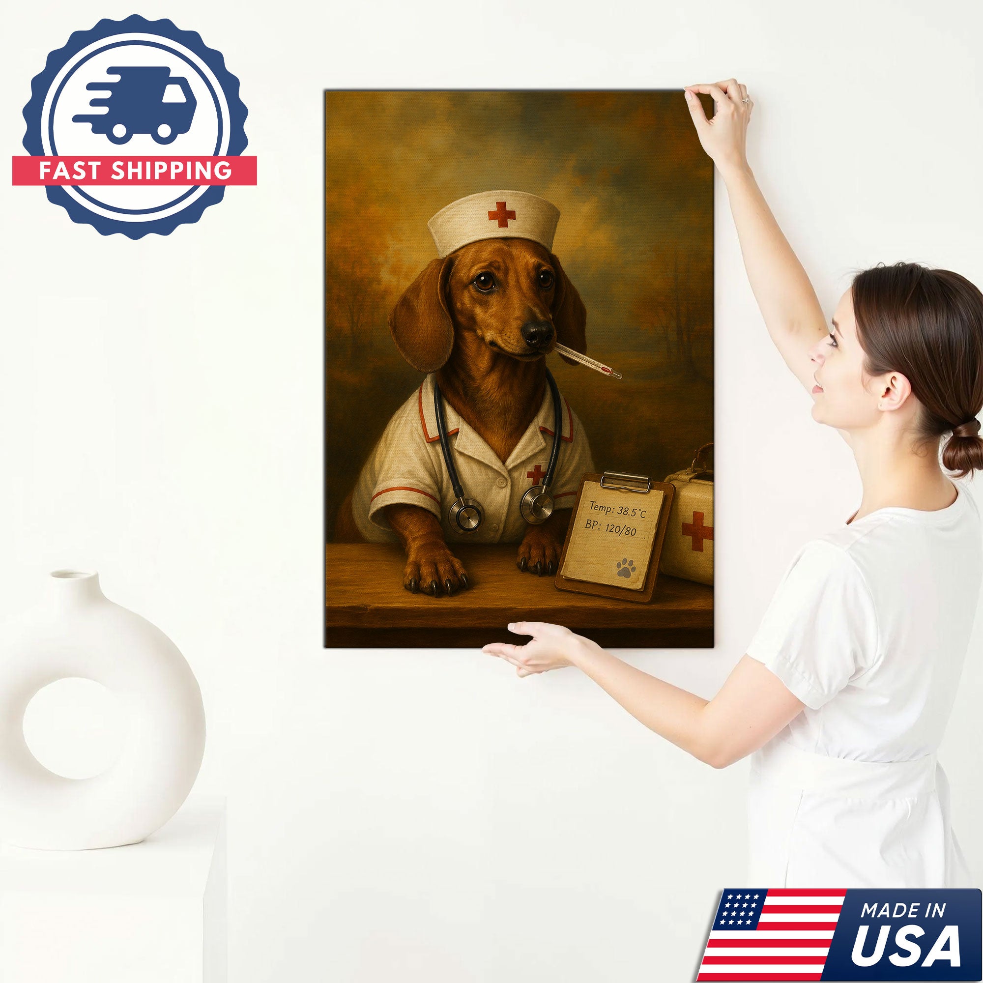 Vintage Nurse Dachshund Portrait Canvas Wall Art, Heartfelt Medical Dog Artwork