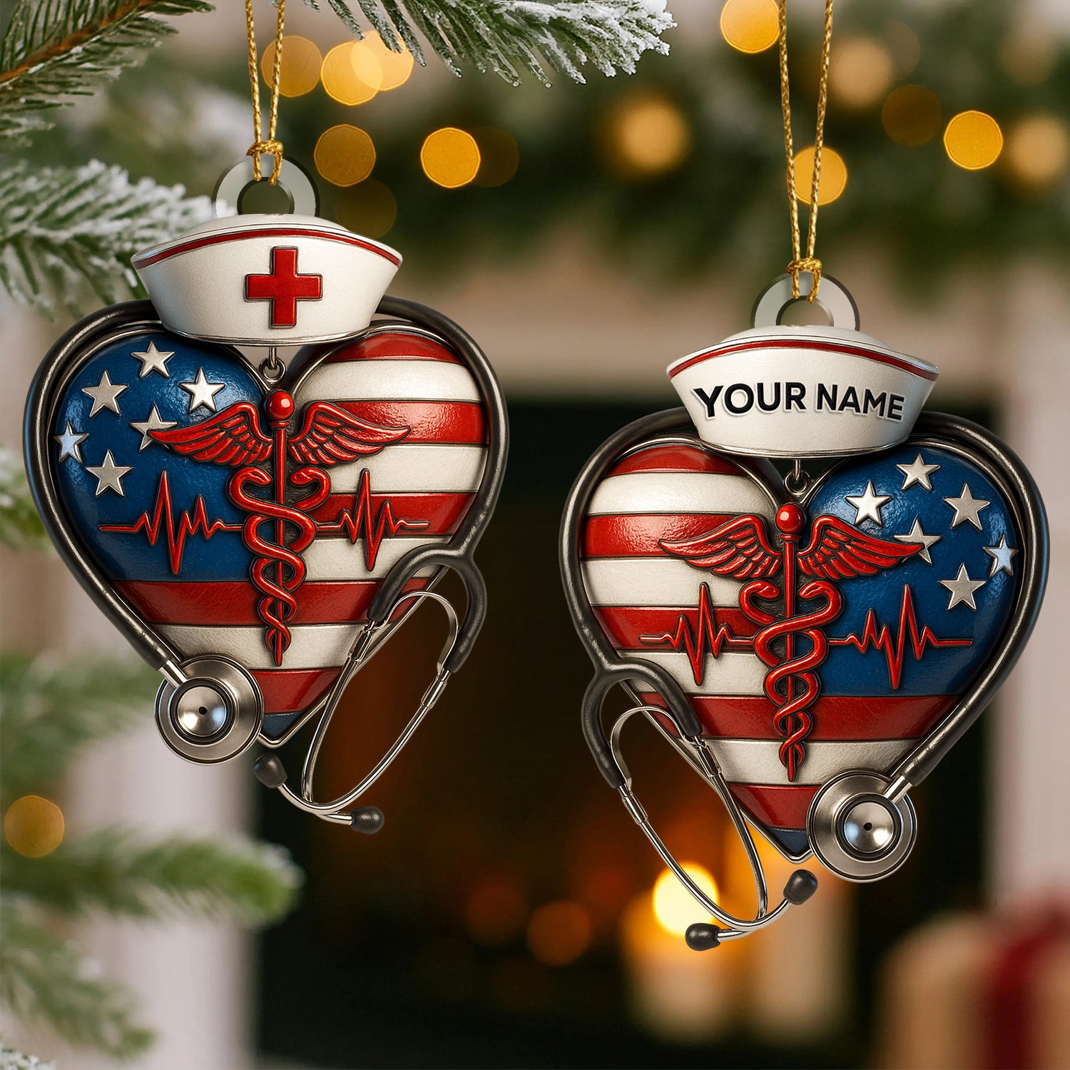 Personalized Nurse Heart Ornament, Custom Name USA Flag Medical Ornament, Healthcare Worker Christmas Tree Decor, Nurse & Doctor Holiday Gift