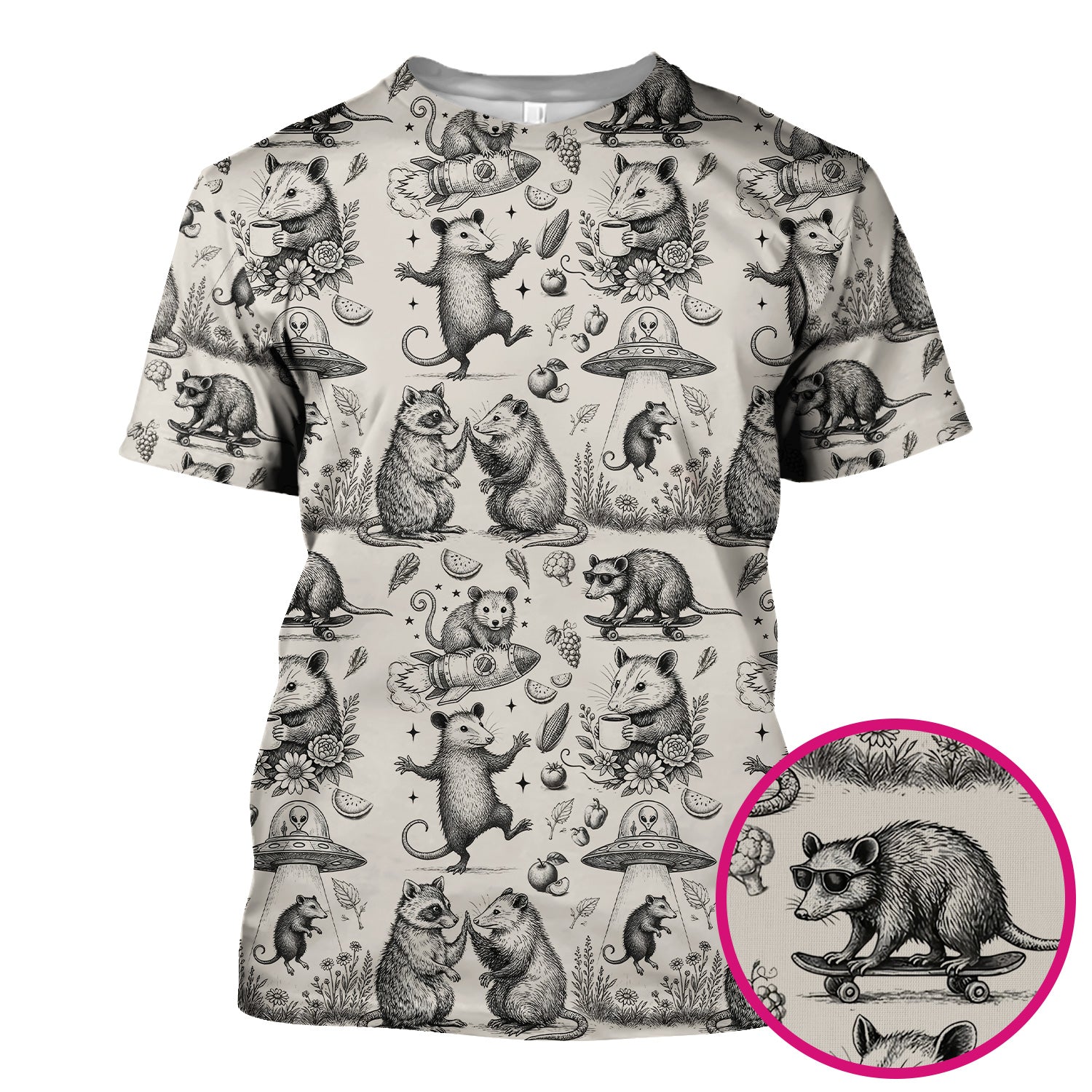 Funny Nurse Vintage Possum Raccoon High Five UFO Pattern Scrub Top, Breathable Fabrics Nursing Uniform