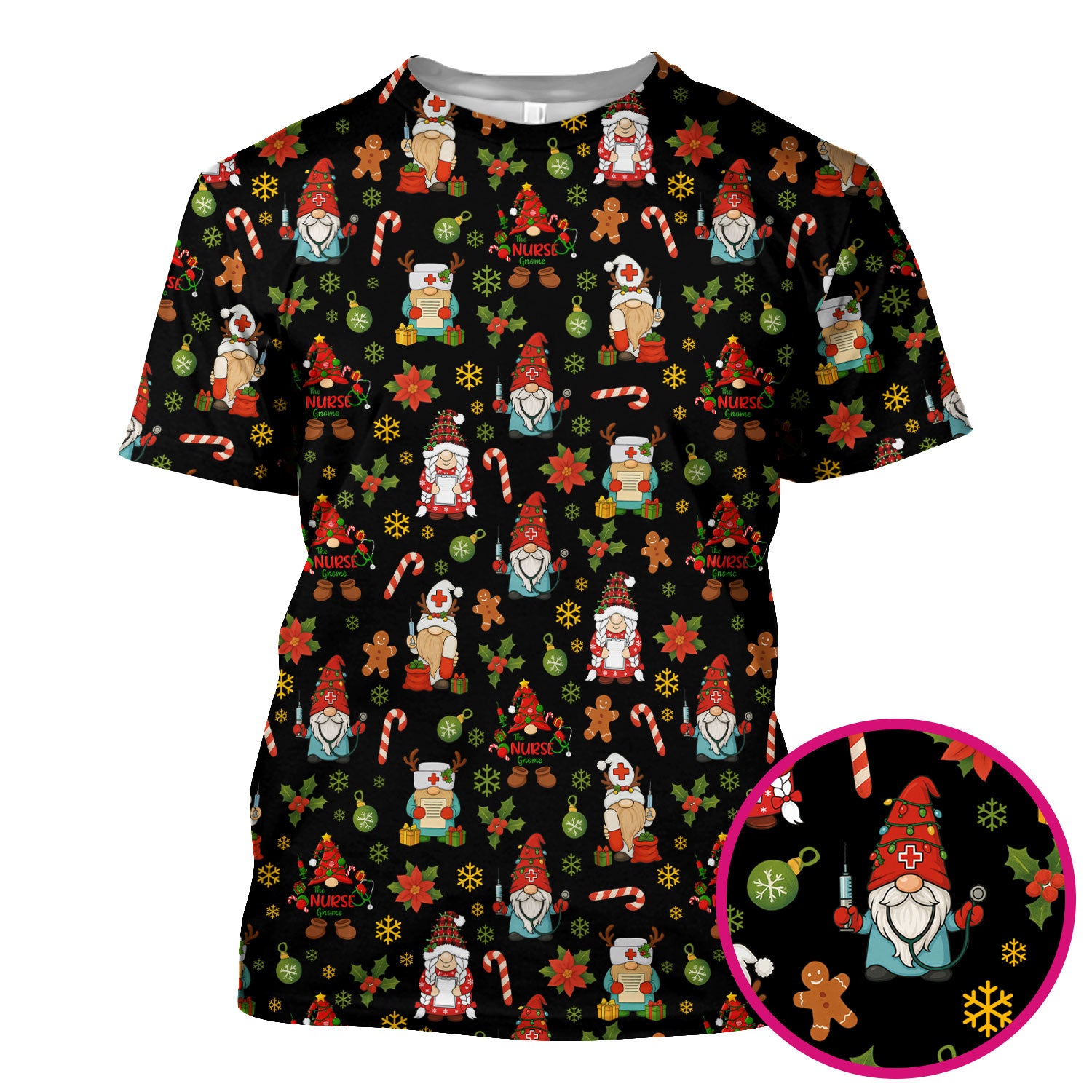 Christmas Gnome Nurse Scrub Top - Cute Holiday Santa Reindeer Print Scrubs - Funny Xmas Medical Scrub Shirt Gift for Women, CNA, RN, Doctor