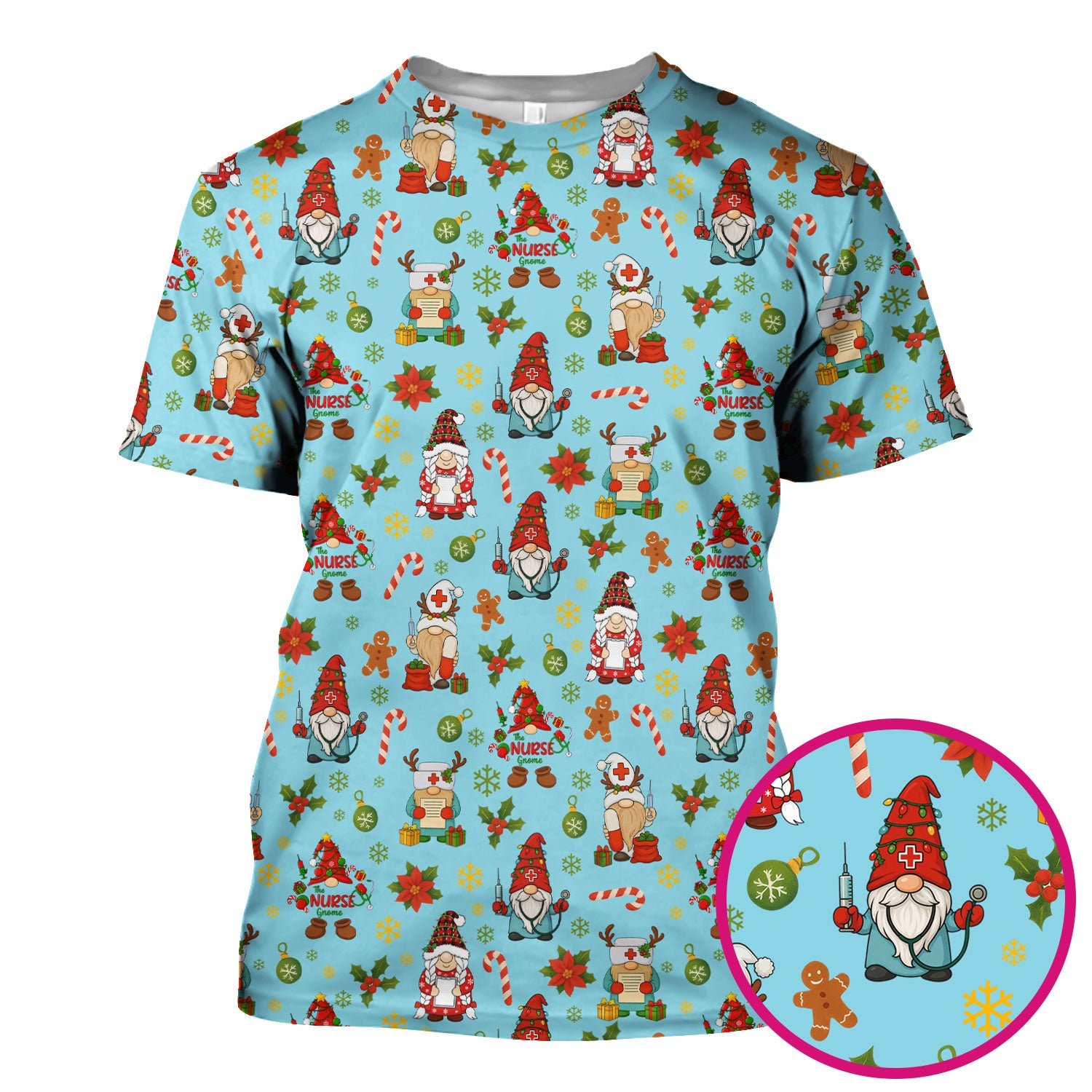 Funny Christmas Scrub Shirt - Gnome Santa Print Scrubs for Nurses - Holiday Medical Scrub Top Gift for Women, Men, CNA, RN, Doctor, Medical Staff