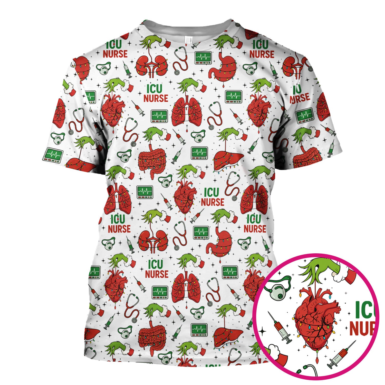 Christmas ICU Nurse Scrub Top - Funny Heart Anatomy Pattern - Holiday Nursing Shirt Gift for RN LPN CNA