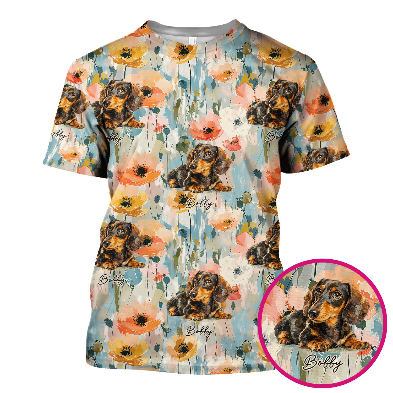 Personalized Dachshund Floral Portrait Pattern Scrub Top, Comfortable Scrubs for Nurses