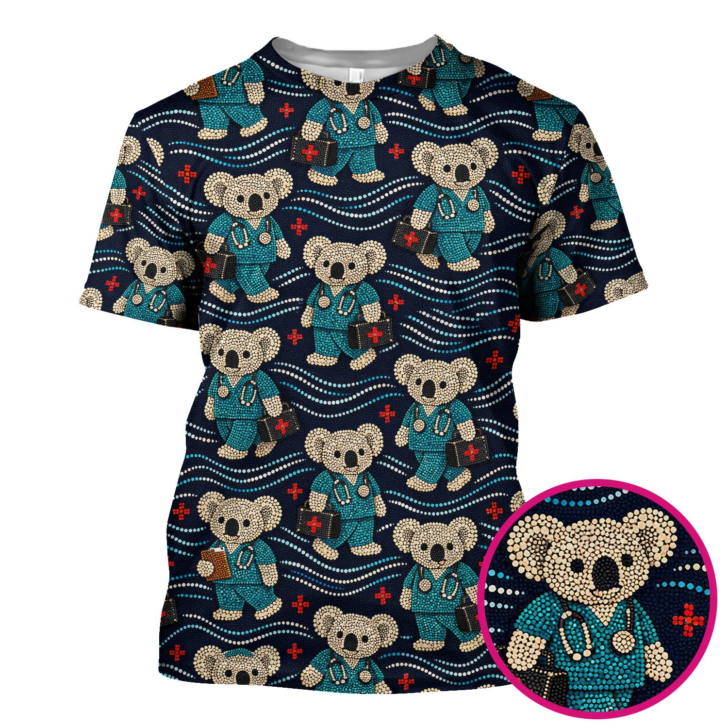 Aboriginal Dot Art Pattern Nurse Scrub Top, Koala Medical Shirt For Women, Breathable Fabrics Nursing Uniform