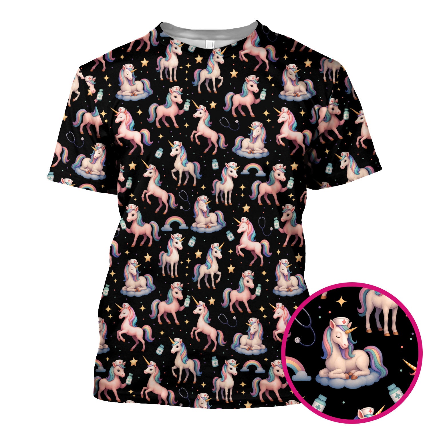 Unicorn Pattern Nurse Scrub Top - Pastel Rainbow Medical Shirt - Cute Fantasy Scrubs Gift for RN LPN CNA Healthcare Staff