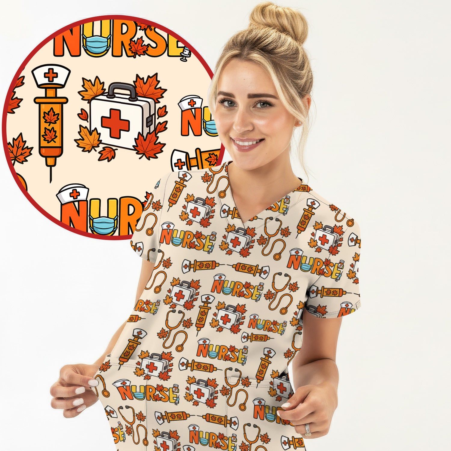 Autumn Nurse Scrub Top Multi Color - Fall Themed Nursing Shirt with Pockets - Cute Maple Leaf Medical Scrubs for Women