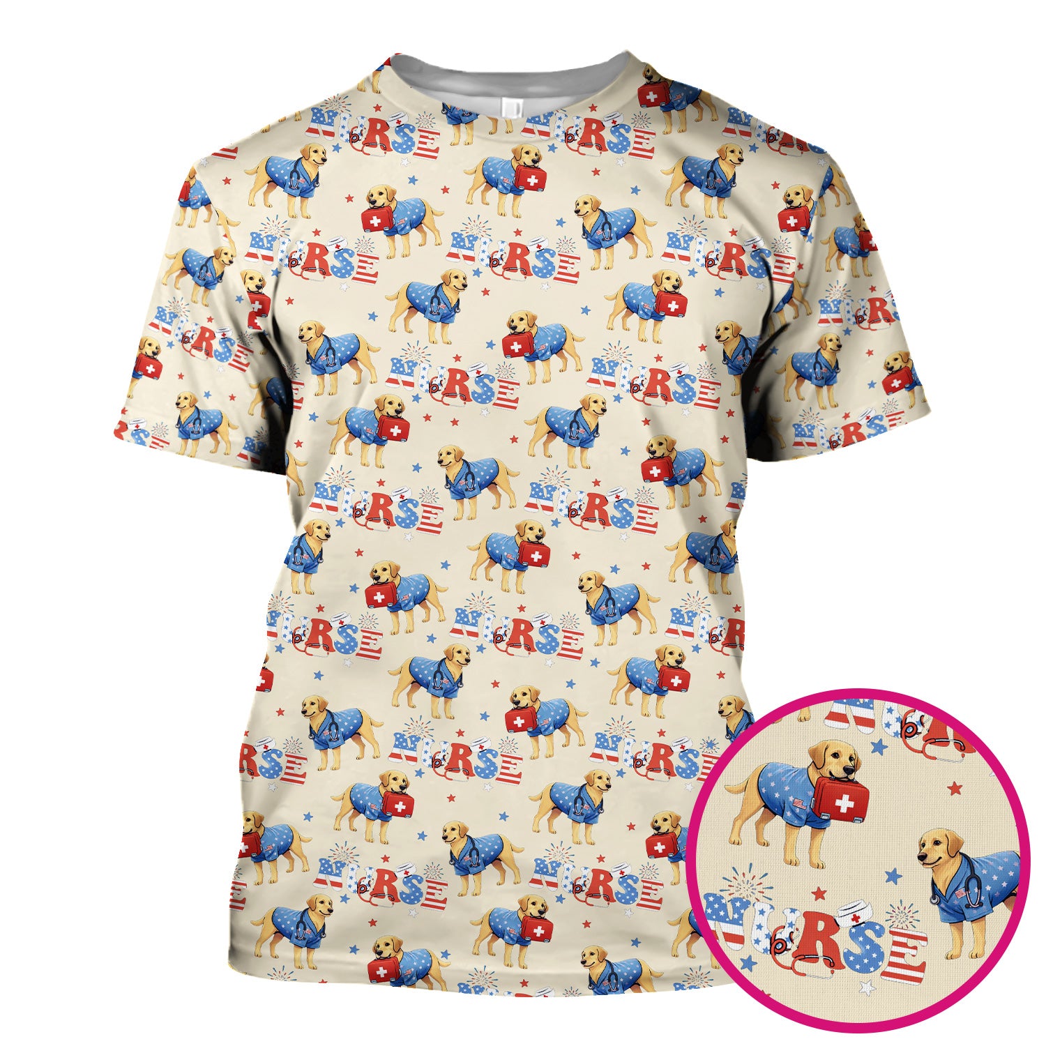 Patriotic Nurse Dog Medical Pattern Scrub Top, Breathable Fabrics Nursing Uniform