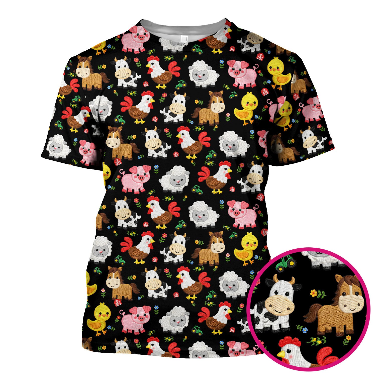 Cartoon Farm Animal Pattern Scrub Top, Breathable Fabrics Nursing Uniform